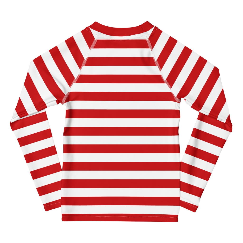 Kids red and white striped long sleeve rash guard swim shirt with upf 50 plus for sun protection and swimming