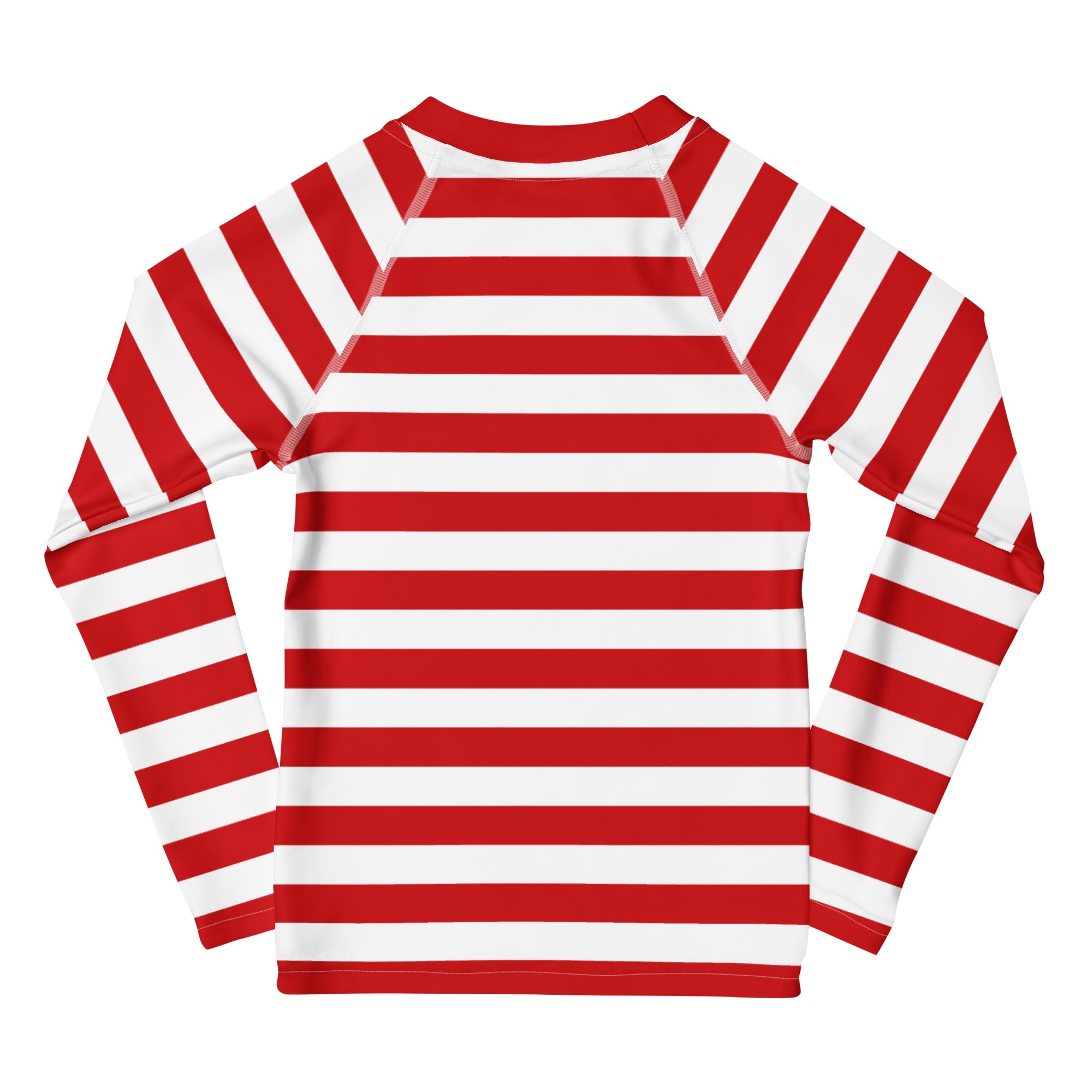 Kids red and white striped long sleeve rash guard swim shirt with upf 50 plus for sun protection and swimming