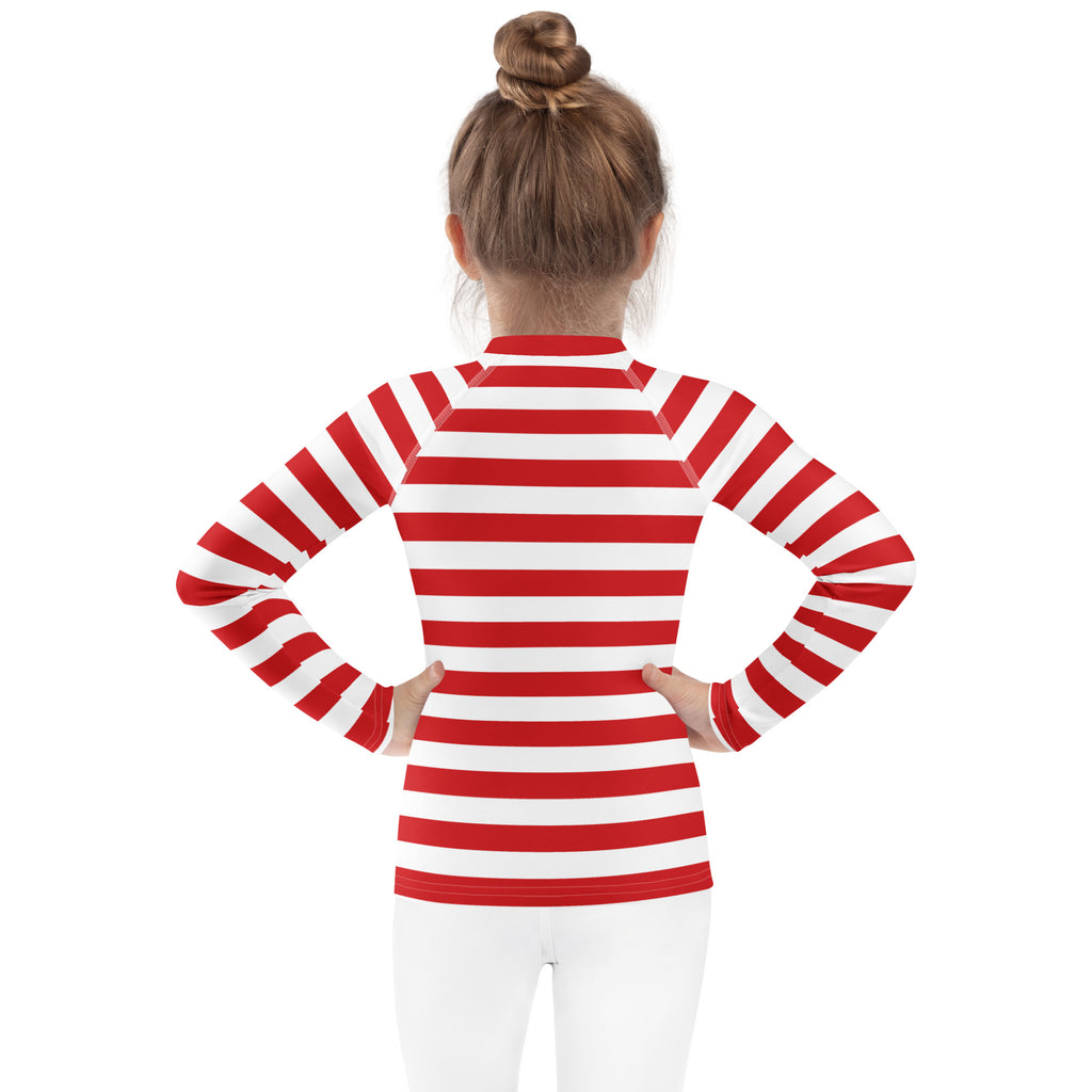 Kids red and white striped christmas long sleeve rash guard swim shirt with upf 50 plus for sun protection