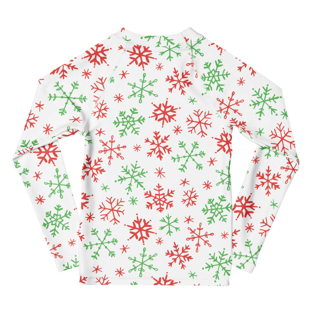 Kids red and green snowflakes christmas long sleeve rash guard swim shirt with upf 50 plus and festive pattern