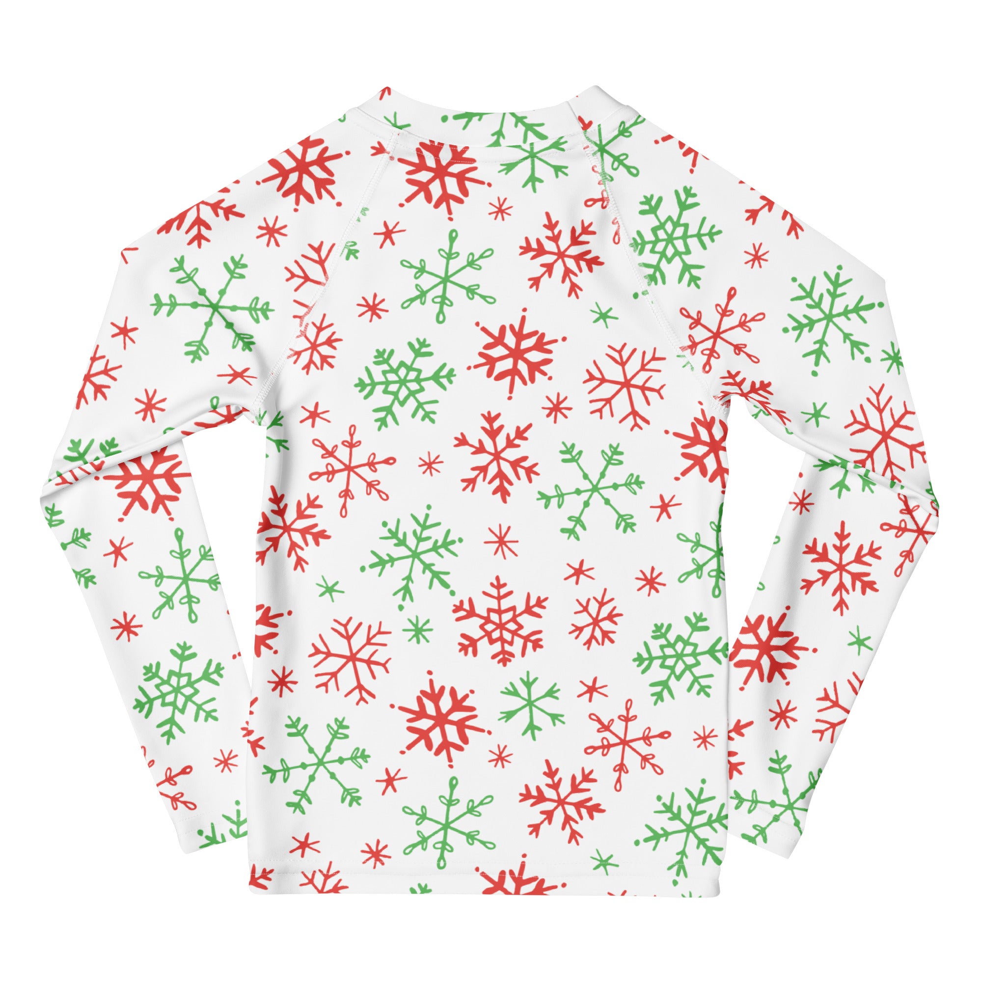 Kids red and green snowflakes christmas long sleeve rash guard swim shirt with upf 50 plus and festive pattern