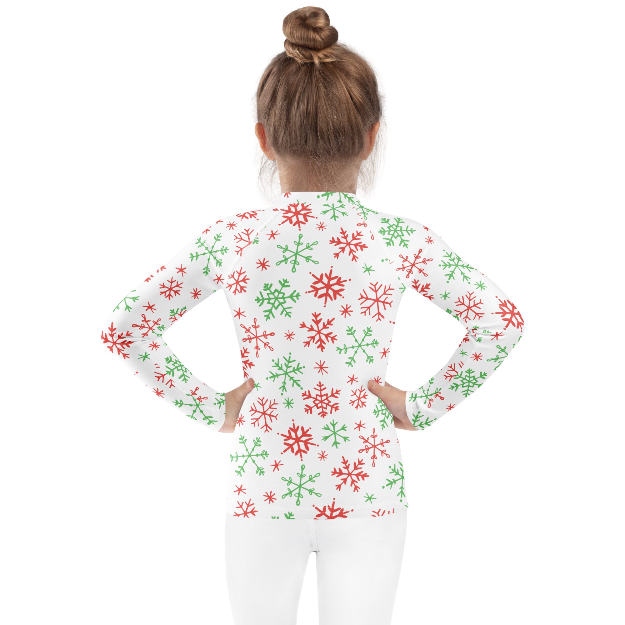 Kids red and green snowflakes long sleeve rash guard swim shirt with UPF 50+ featuring festive snowflake pattern