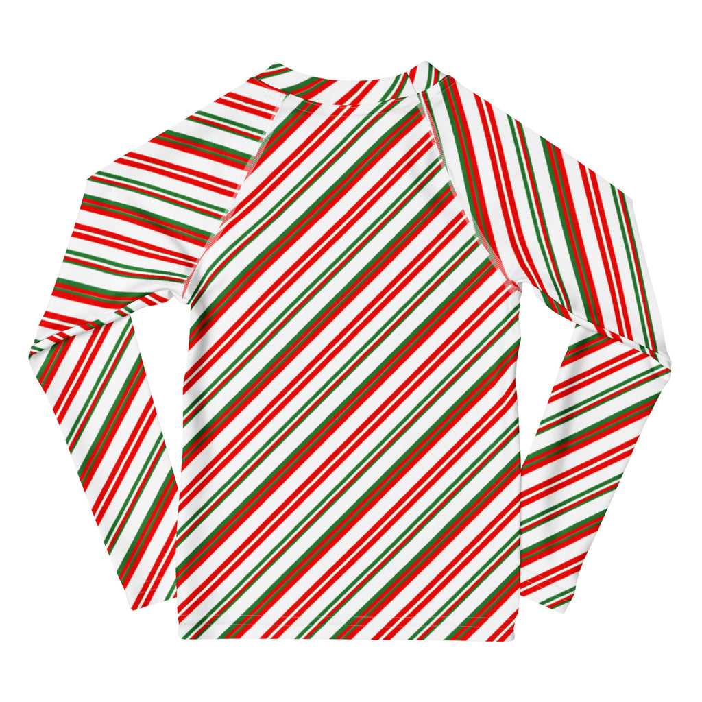 Kids candy cane stripe long sleeve rash guard swim shirt with red green and white diagonal stripes and UPF 50+ protection