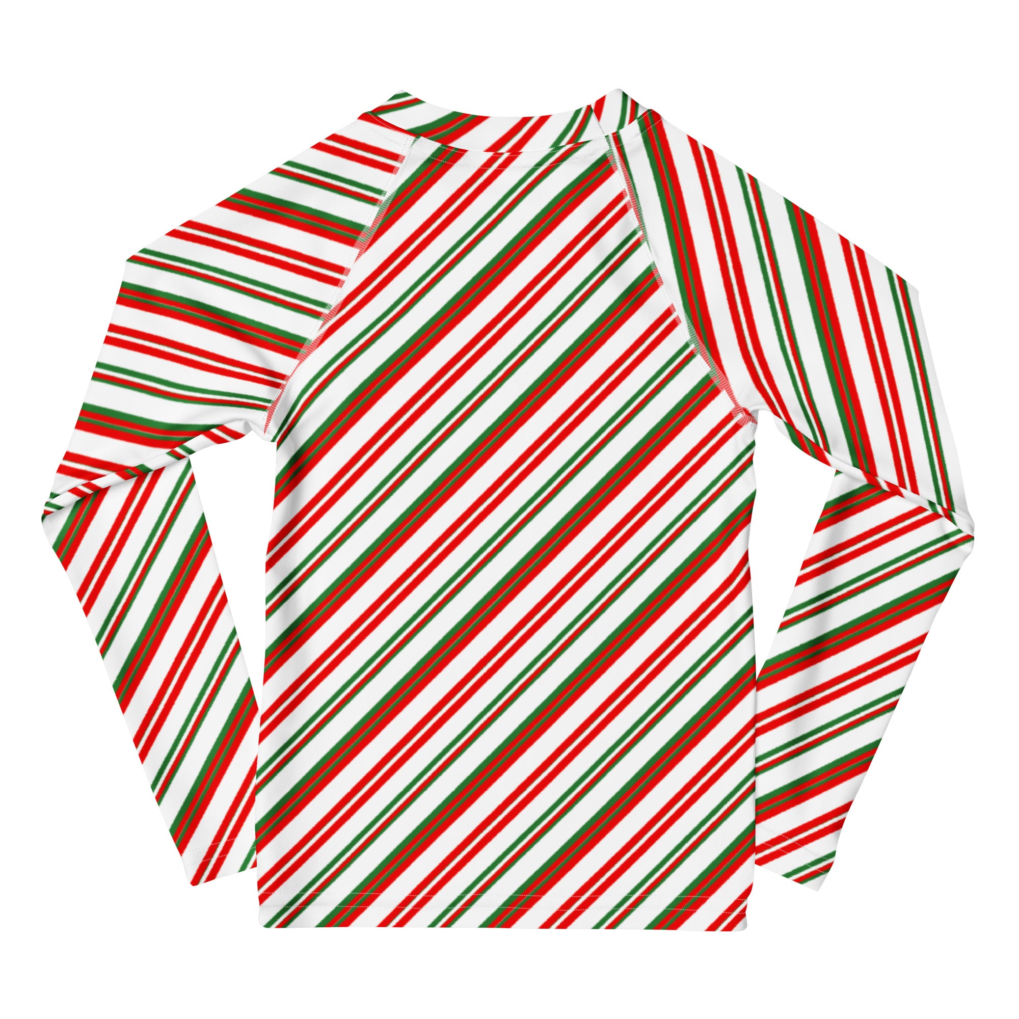 Kids candy cane stripe long sleeve rash guard swim shirt with red green and white diagonal stripes and UPF 50+ protection