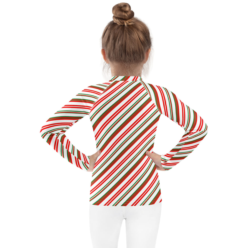 Kids candy cane stripe Christmas long sleeve rash guard swim shirt with red green and white diagonal stripes and UPF 50+