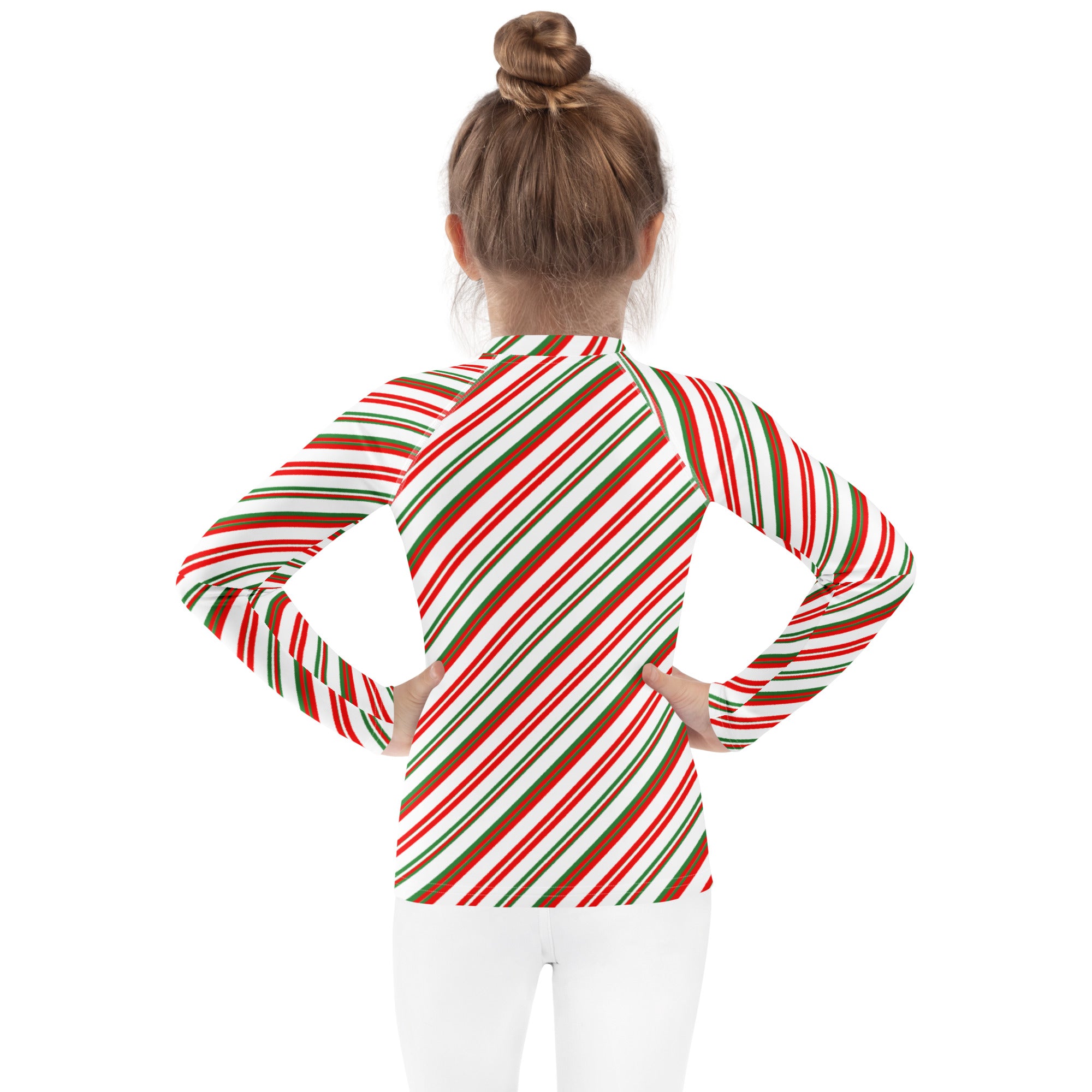 Kids candy cane stripe Christmas long sleeve rash guard swim shirt with red green and white diagonal stripes and UPF 50+