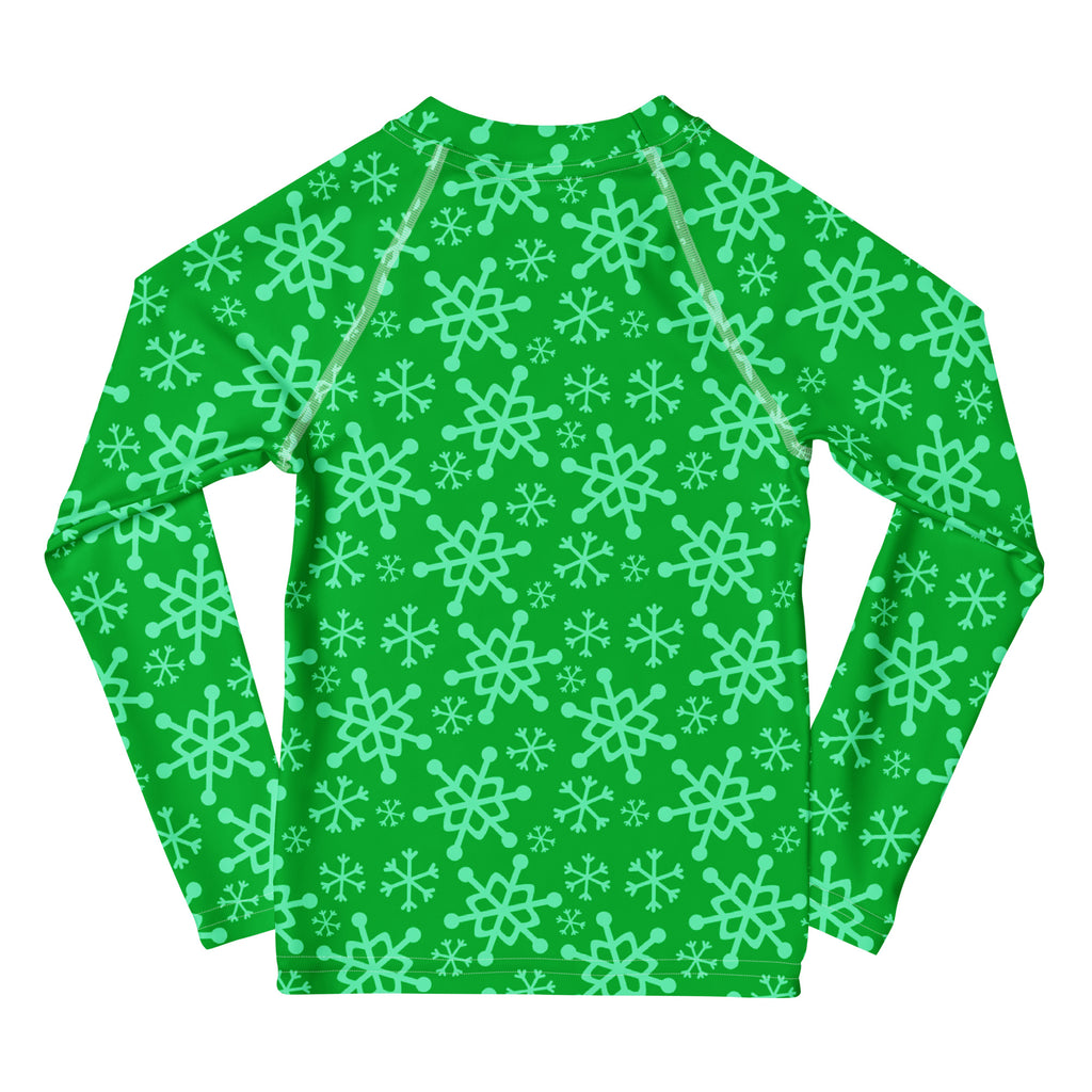 Kids green long-sleeve rash guard with light green snowflake pattern offering UPF 50 plus sun protection