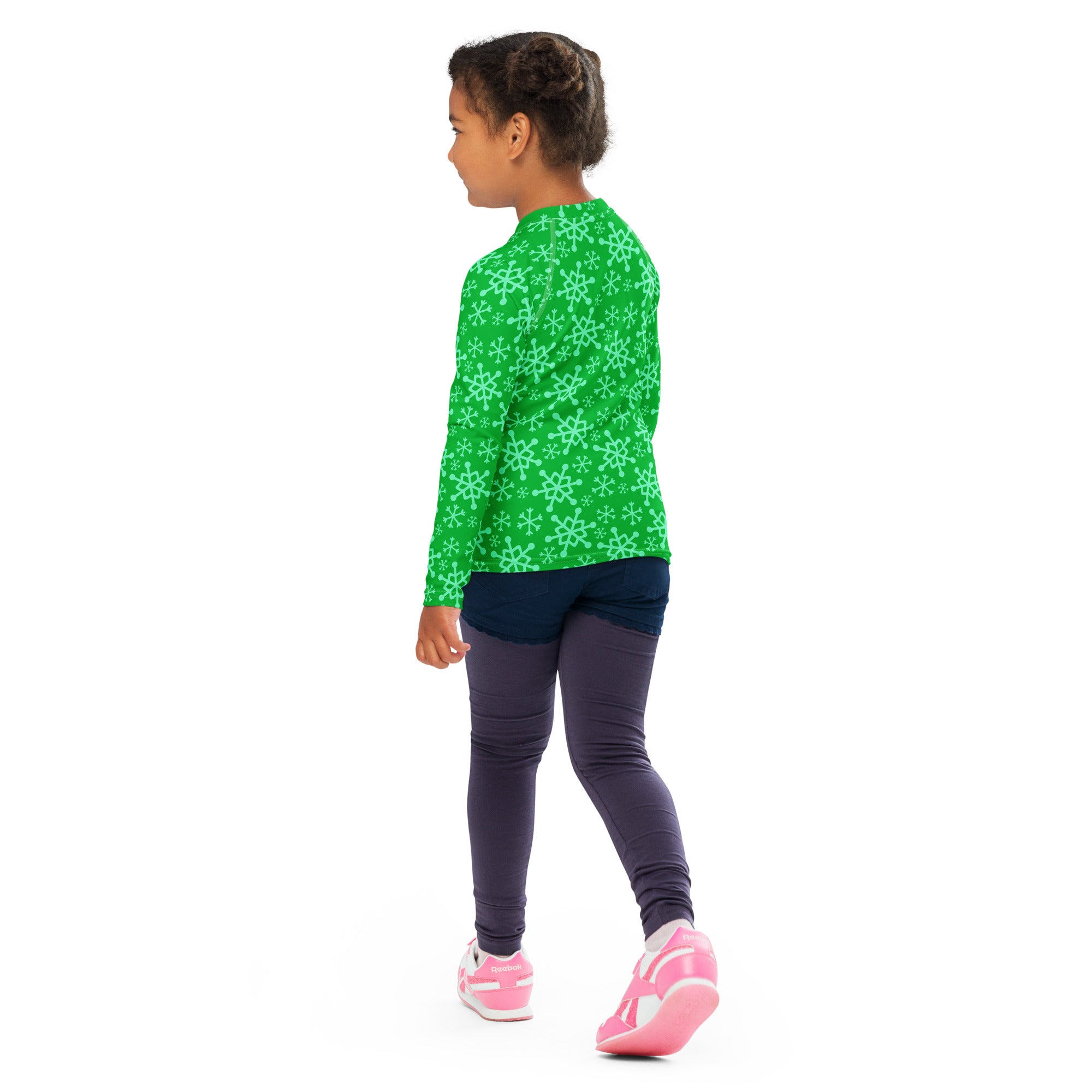 Kids green snowflake christmas long sleeve rash guard swim shirt with upf 50 plus in light green pattern