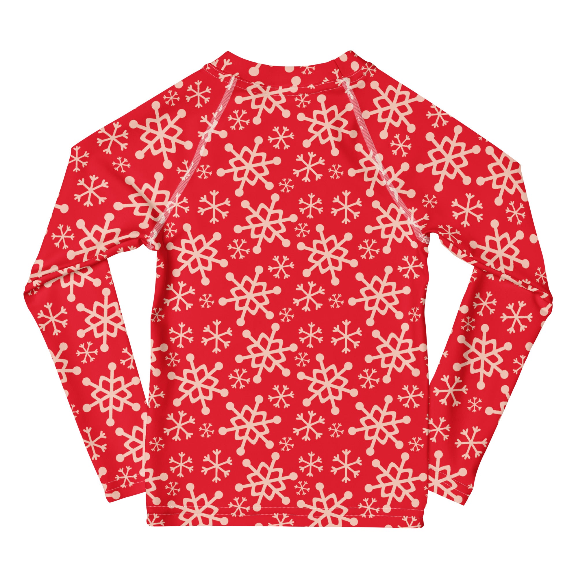 Kids red long sleeve rash guard swim shirt with cream snowflakes and UPF 50 plus for sun protection