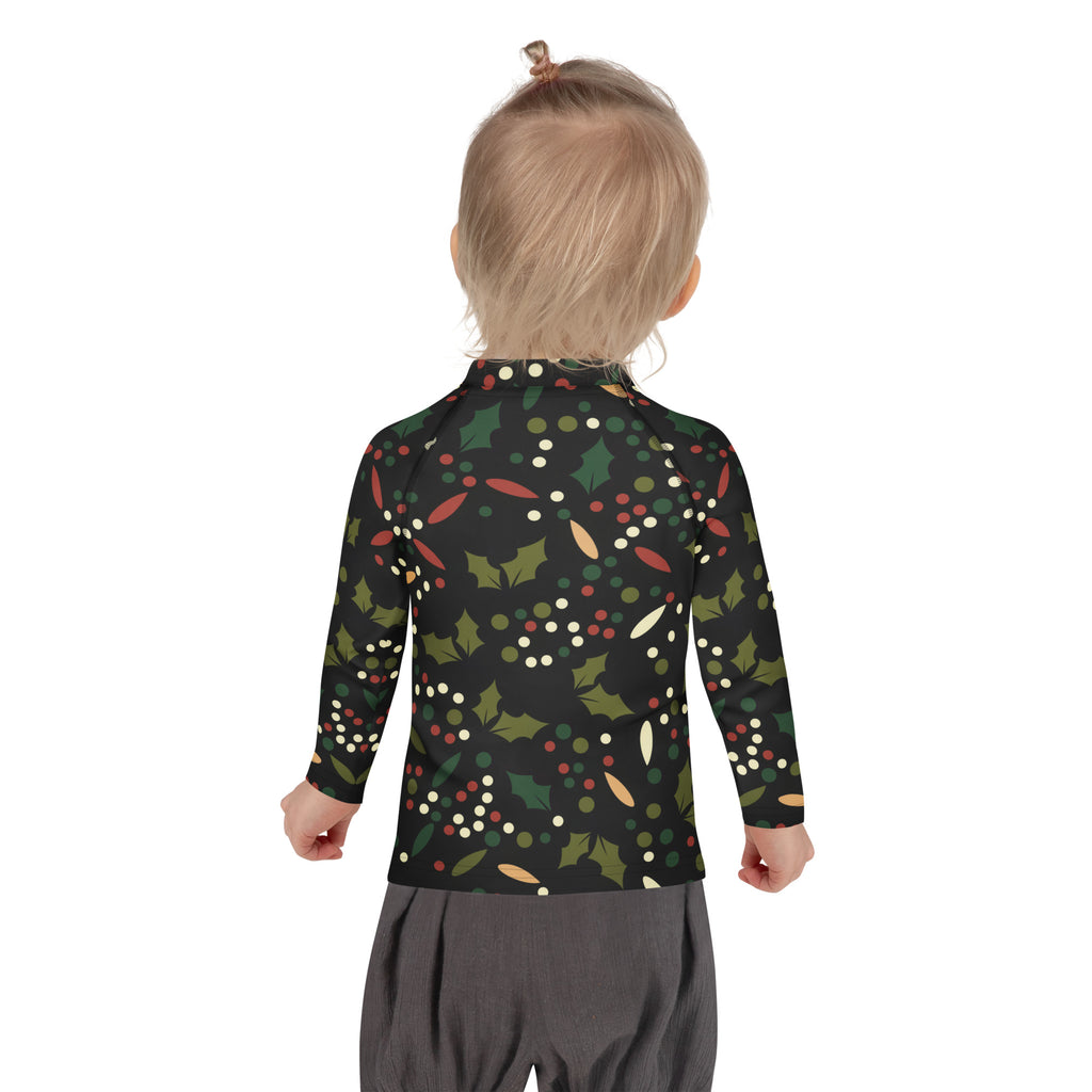 Black kids long sleeve rash guard with holly pattern red berries white dots upf 50 plus festive swim shirt
