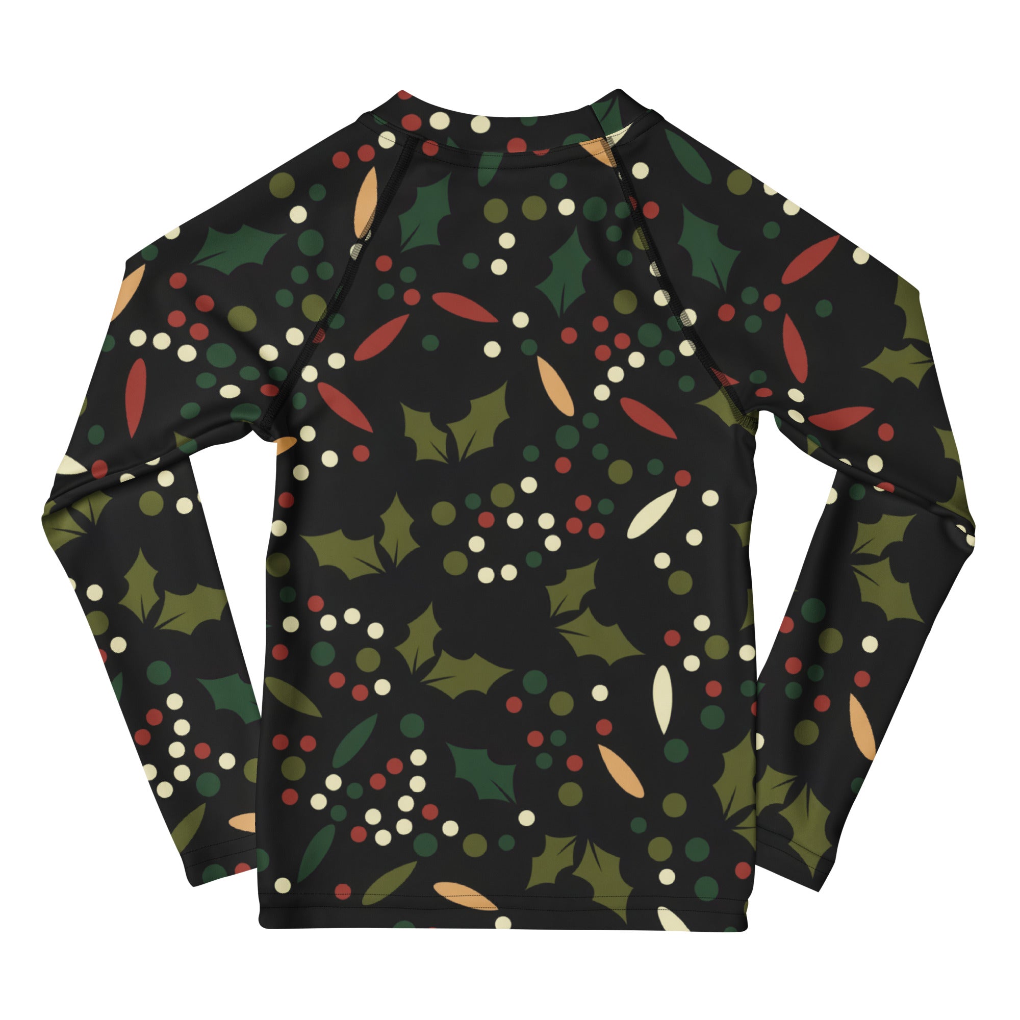 Kids holly christmas long sleeve rash guard swim shirt in black with festive holly and berry pattern and upf 50+ protection