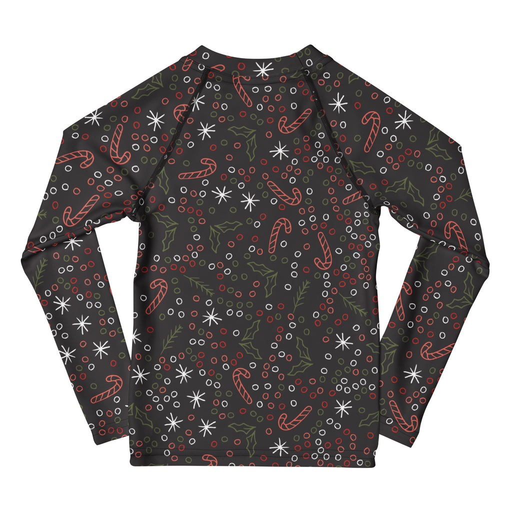 Black kids long sleeve rash guard swim shirt with candy cane holly print and upf 50 plus protection