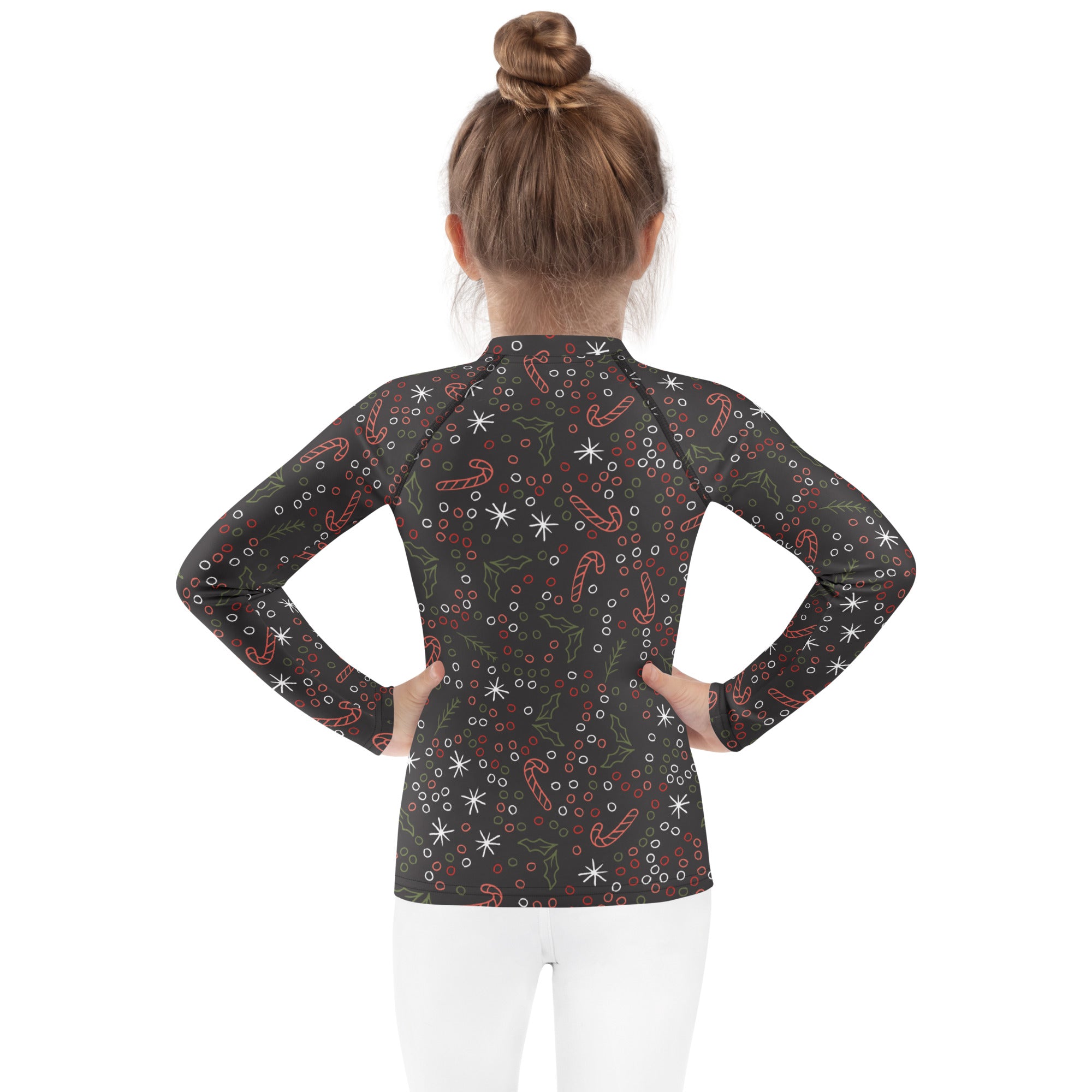 Kids candy cane and holly christmas long sleeve black rash guard swim shirt with upf 50 plus and festive patterns