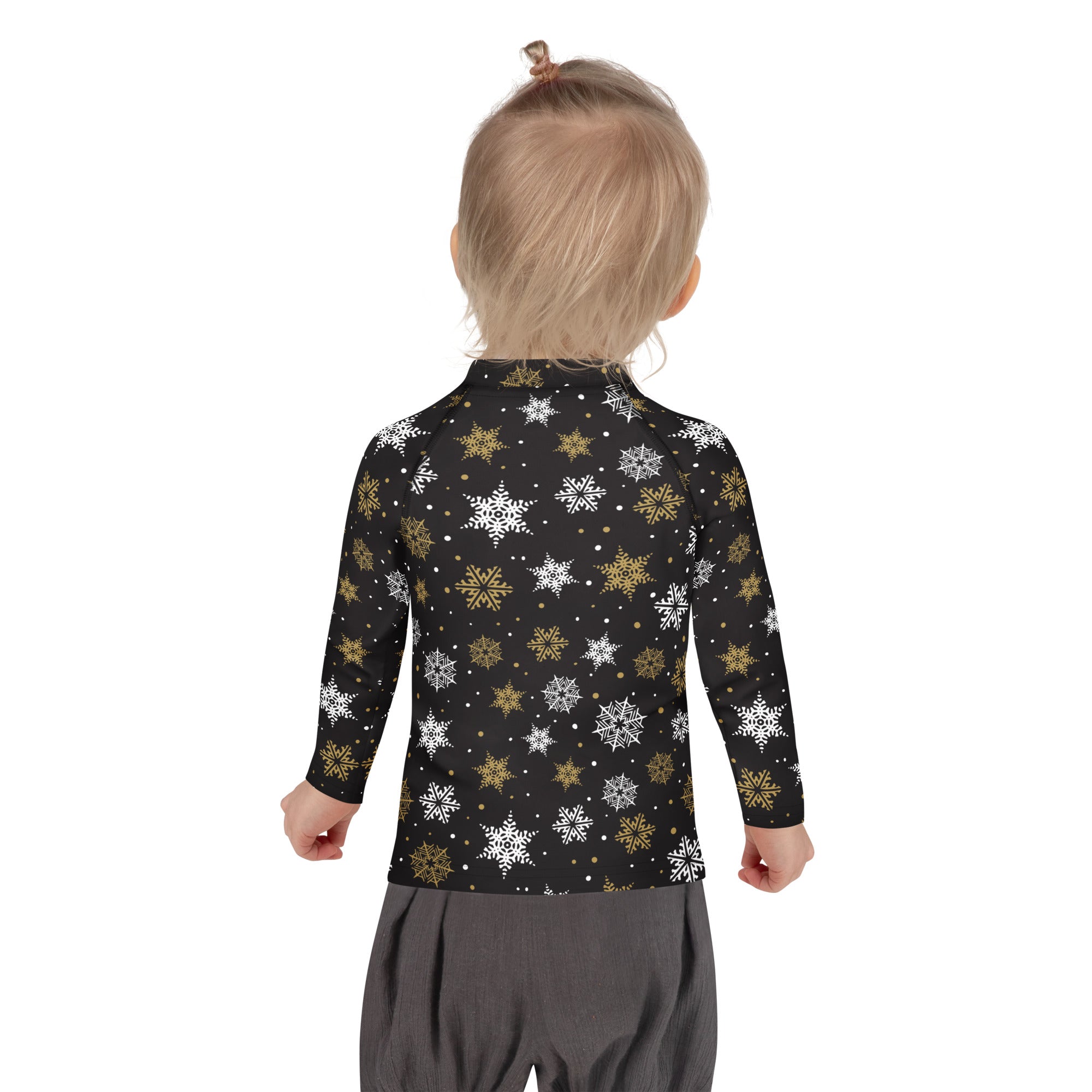 Kids black long sleeve rash guard swim shirt with white and gold snowflakes and upf 50 plus sun protection