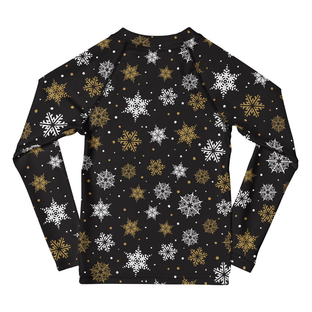 Kids black long sleeve rash guard with white and gold snowflakes pattern and UPF 50 plus for Christmas swim use