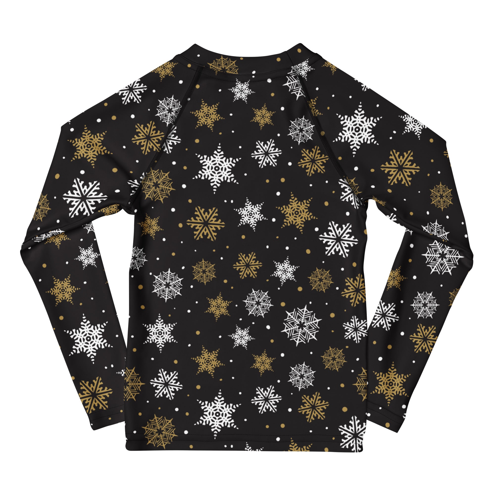 Kids black long sleeve rash guard with white and gold snowflakes pattern and UPF 50 plus for Christmas swim use