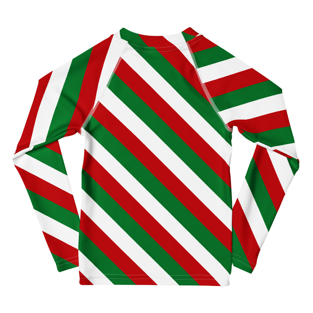 Kids bold candy cane stripe Christmas long sleeve rash guard swim shirt with UPF 50 plus in red green and white