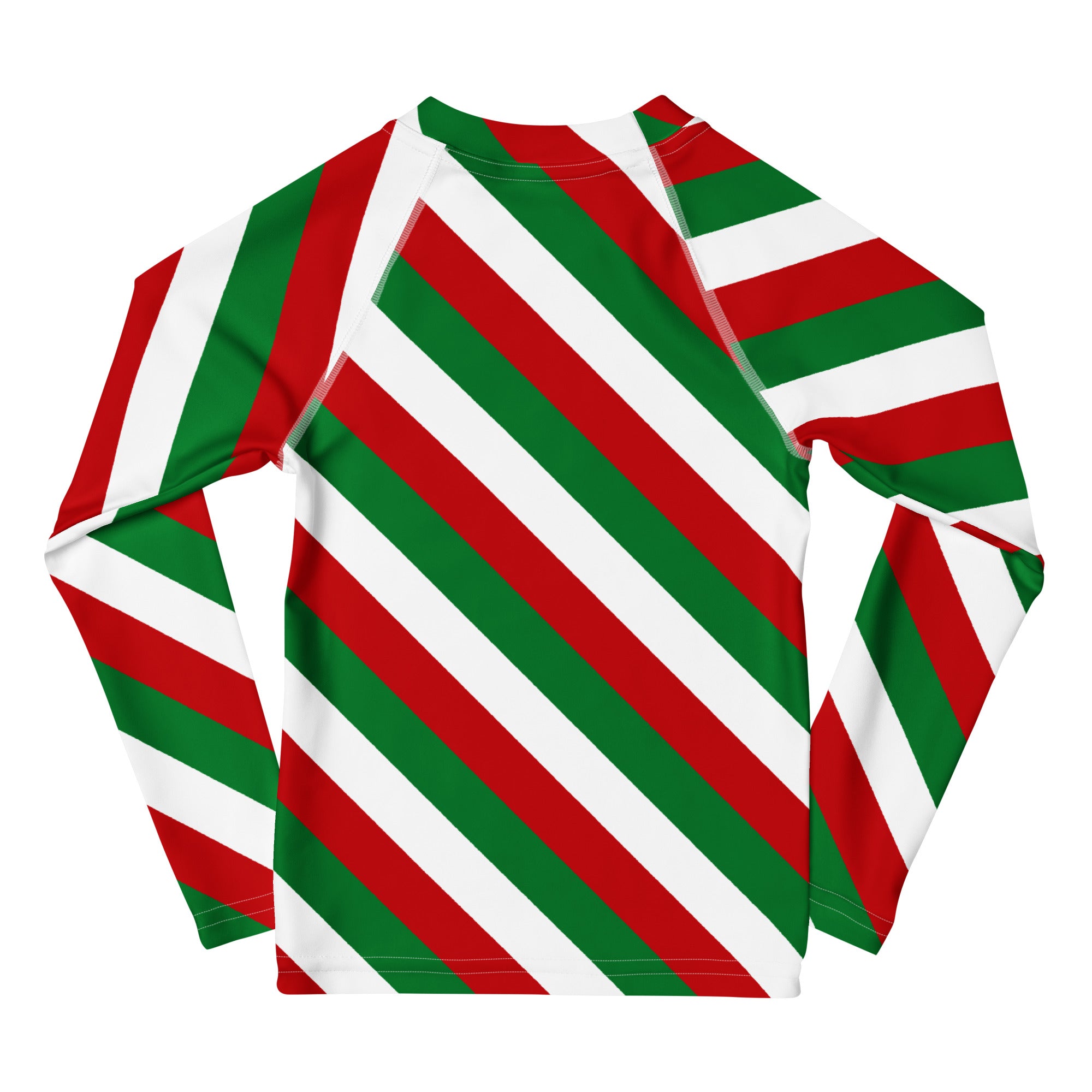 Kids bold candy cane stripe Christmas long sleeve rash guard swim shirt with UPF 50 plus in red green and white