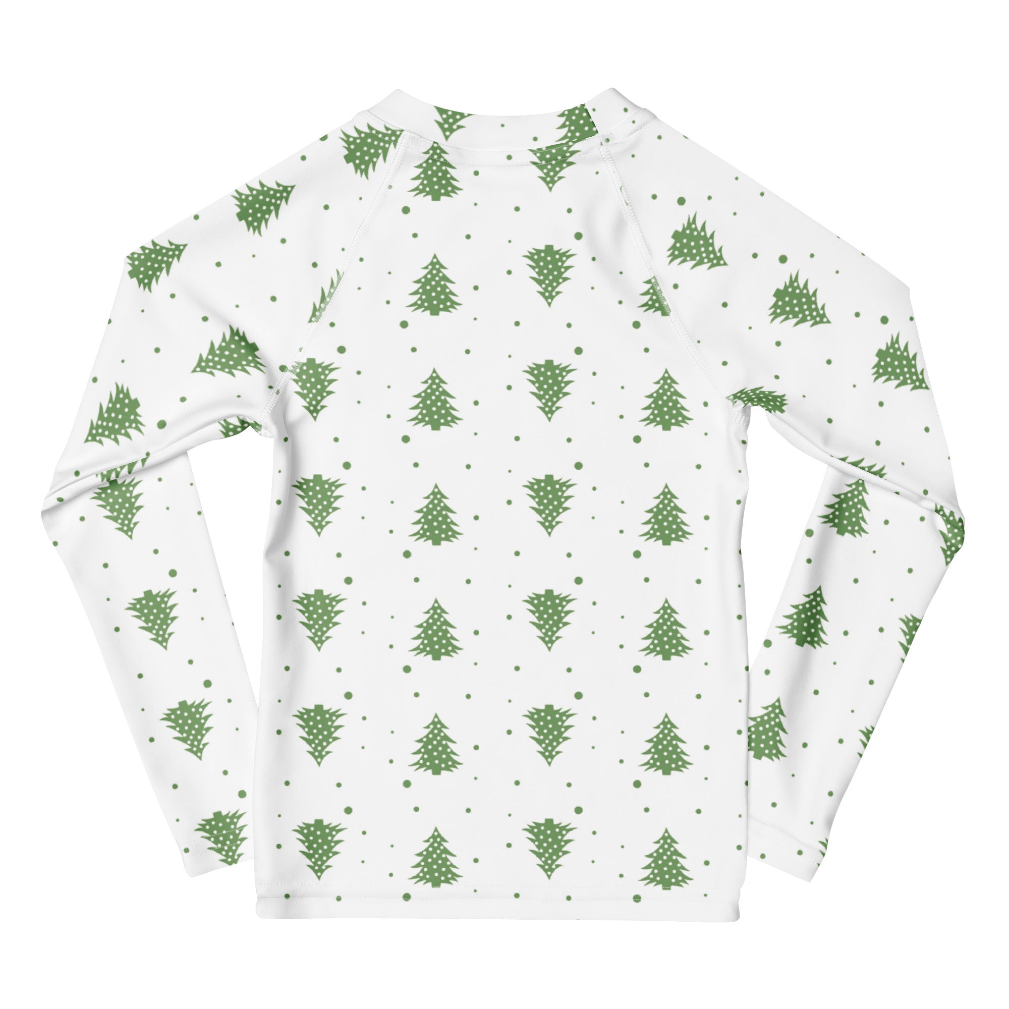 Kids christmas tree long sleeve rash guard swim shirt white with green pine tree pattern and upf 50 plus protection