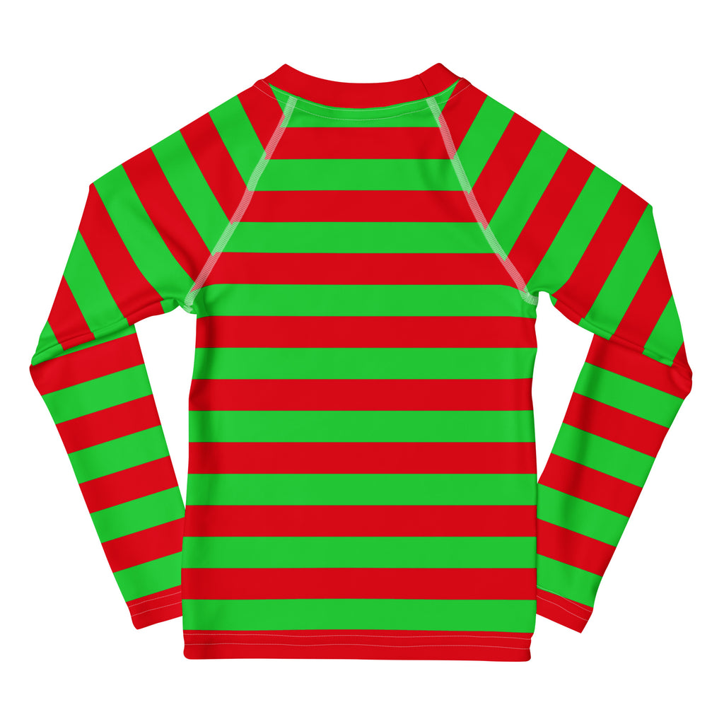 Kids red and green striped long sleeve rash guard swim shirt with UPF 50 plus and crew neck design