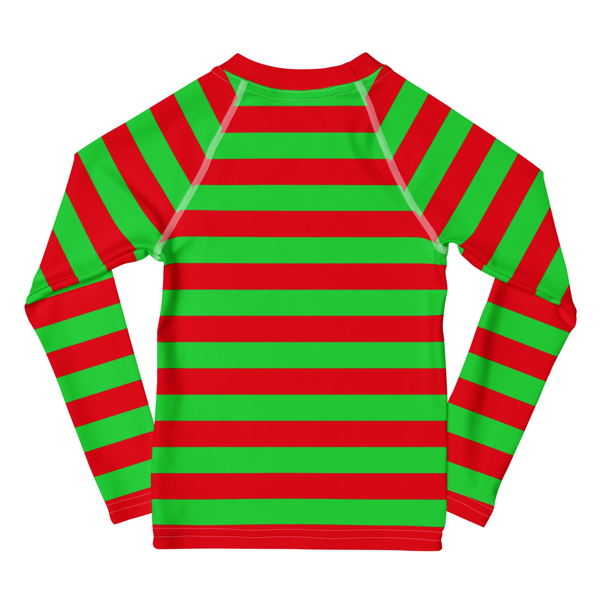 Kids red and green striped long sleeve rash guard swim shirt with UPF 50 plus and crew neck design