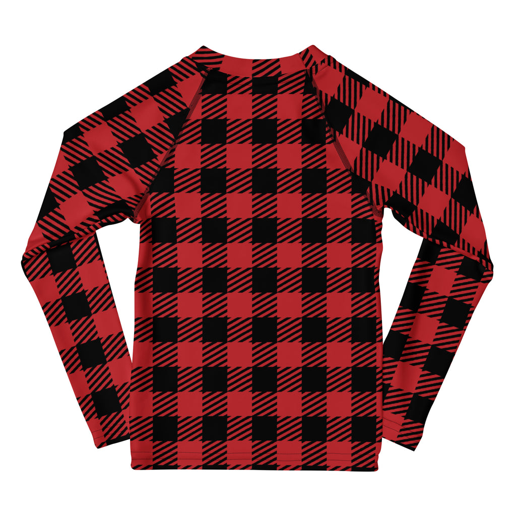 Kids red and black buffalo plaid long sleeve rash guard swim shirt with UPF 50 plus for sun protection