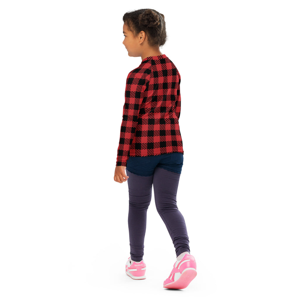 Kids red buffalo plaid long sleeve rash guard swim shirt with upf 50 plus in red and black plaid pattern