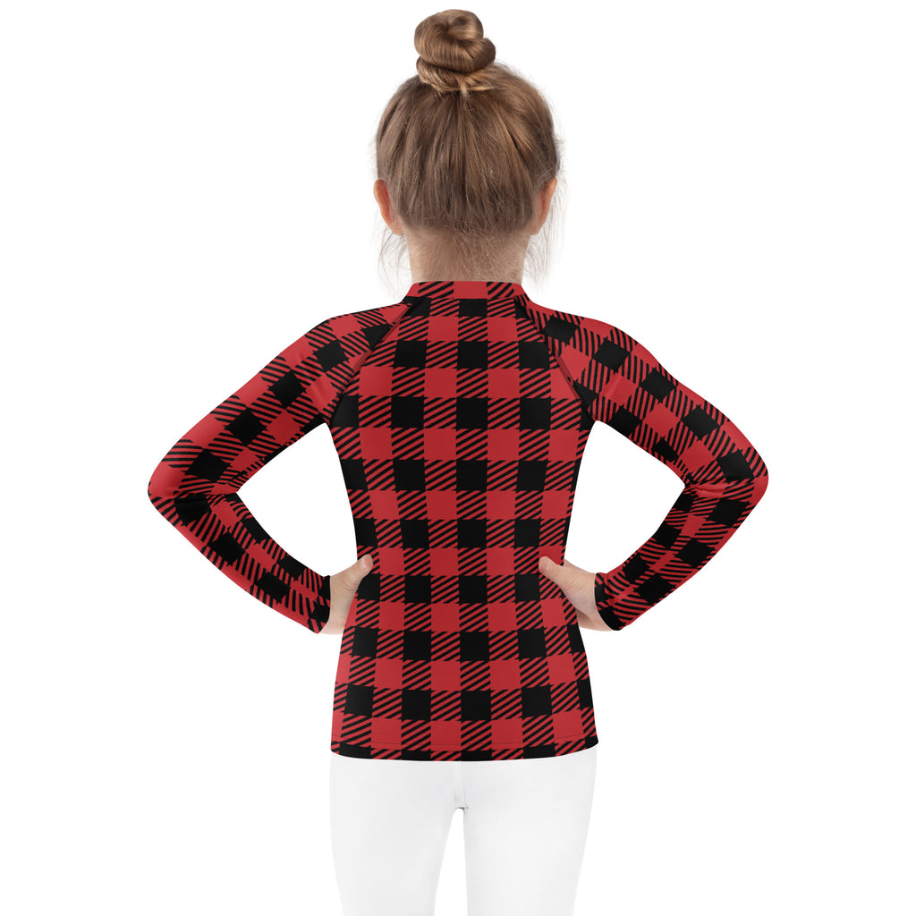 Kids red buffalo plaid long sleeve rash guard swim shirt with upf 50 plus for sun protection and water use