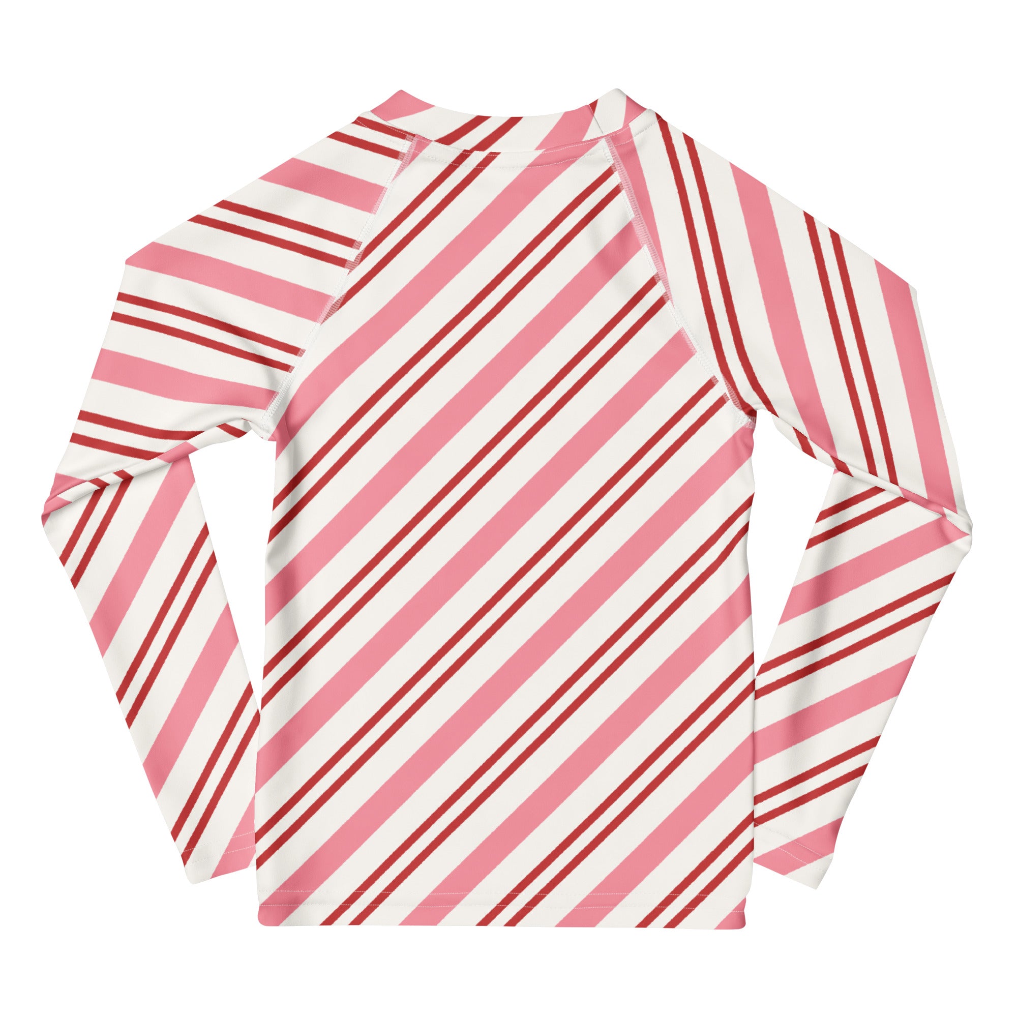 Kids pink peppermint stripe christmas long sleeve rash guard swim shirt with diagonal pink and white stripes and upf 50+
