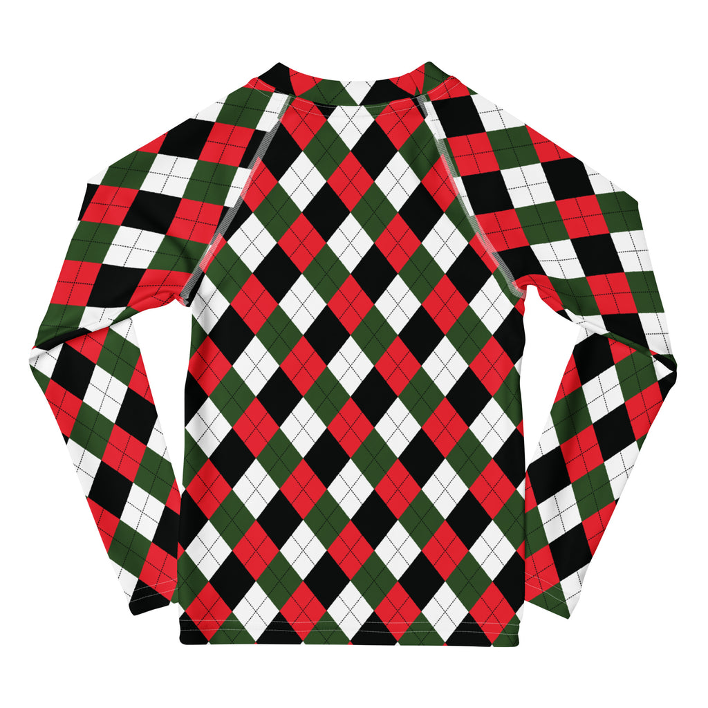 Kids christmas argyle long sleeve rash guard swim shirt with upf 50+ featuring red green black argyle pattern with white accents