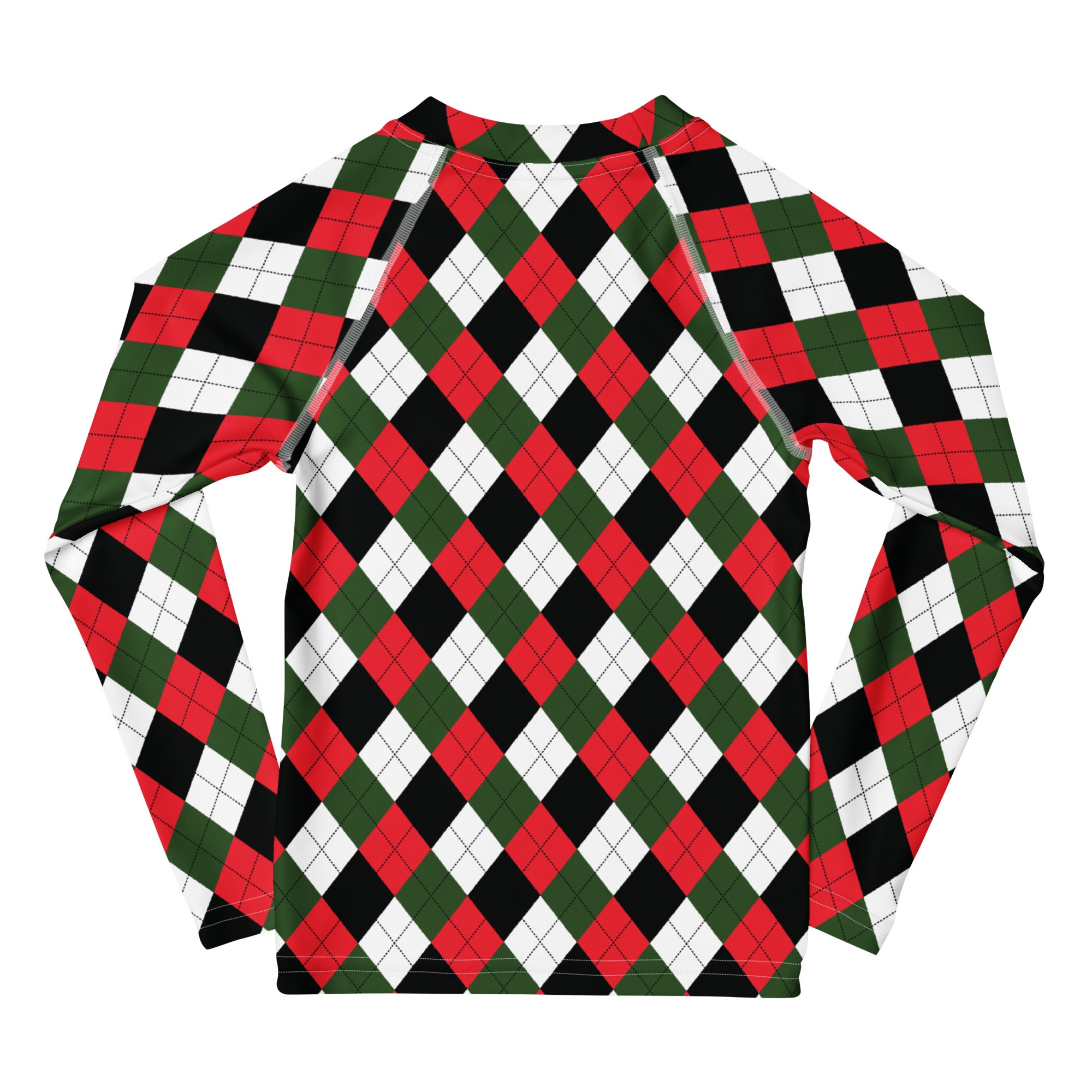 Kids christmas argyle long sleeve rash guard swim shirt with upf 50+ featuring red green black argyle pattern with white accents