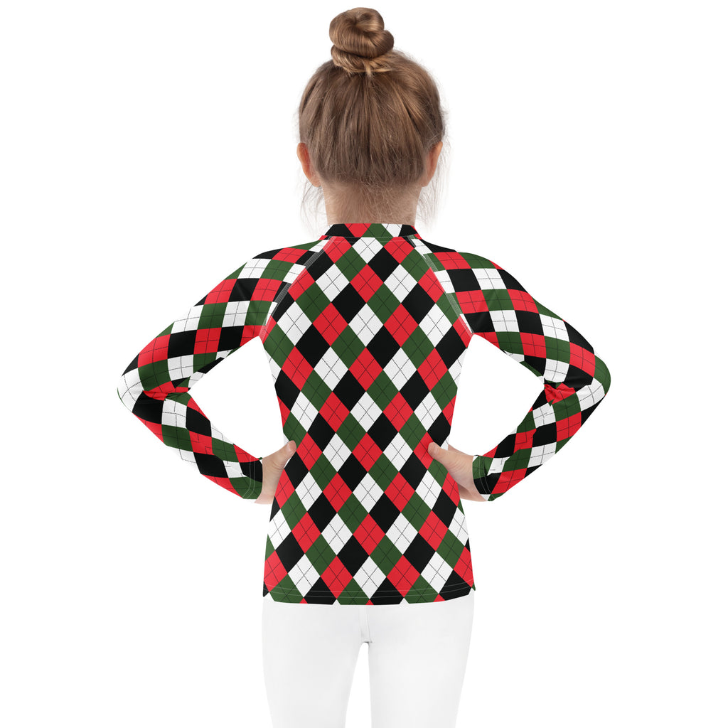 Kids christmas argyle long sleeve rash guard swim shirt with upf 50 plus featuring bold red green black and white pattern