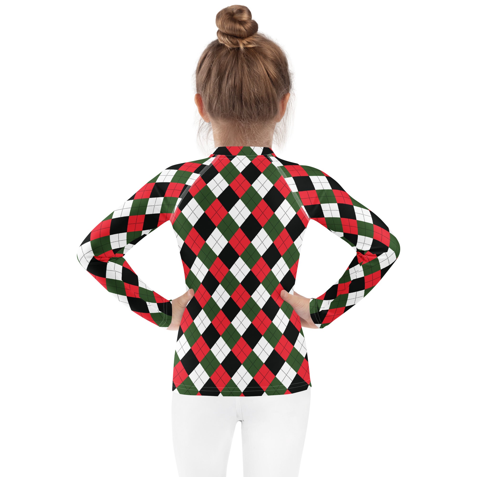 Kids christmas argyle long sleeve rash guard swim shirt with upf 50 plus featuring bold red green black and white pattern