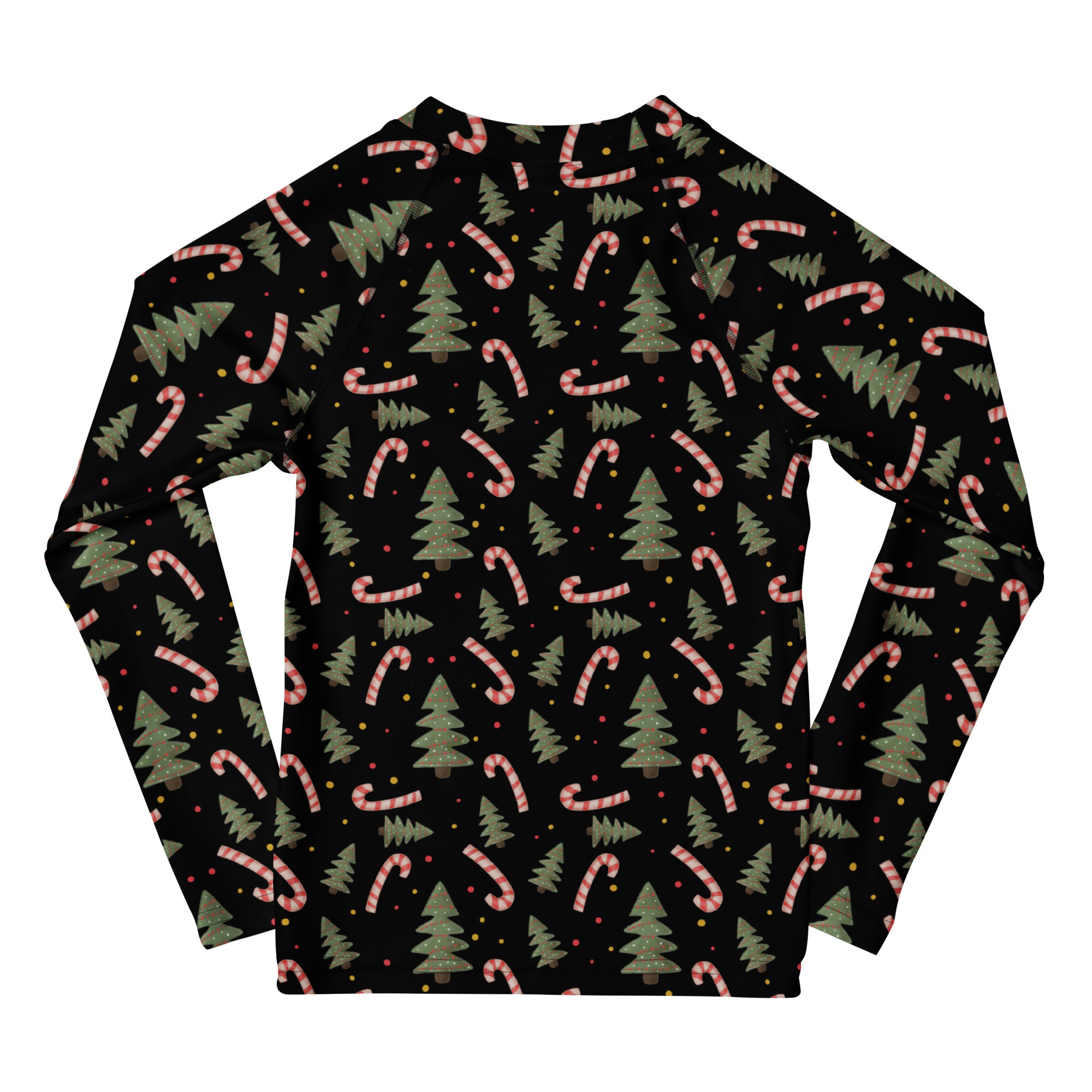 Black kids long sleeve rash guard swim shirt with pink and green candy cane and pine tree festive pattern upf 50+