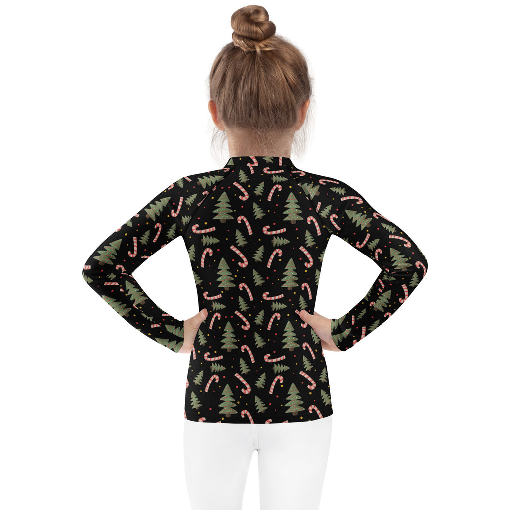 Kids candy cane and christmas tree long sleeve black rash guard swim shirt with festive print and upf 50 plus protection