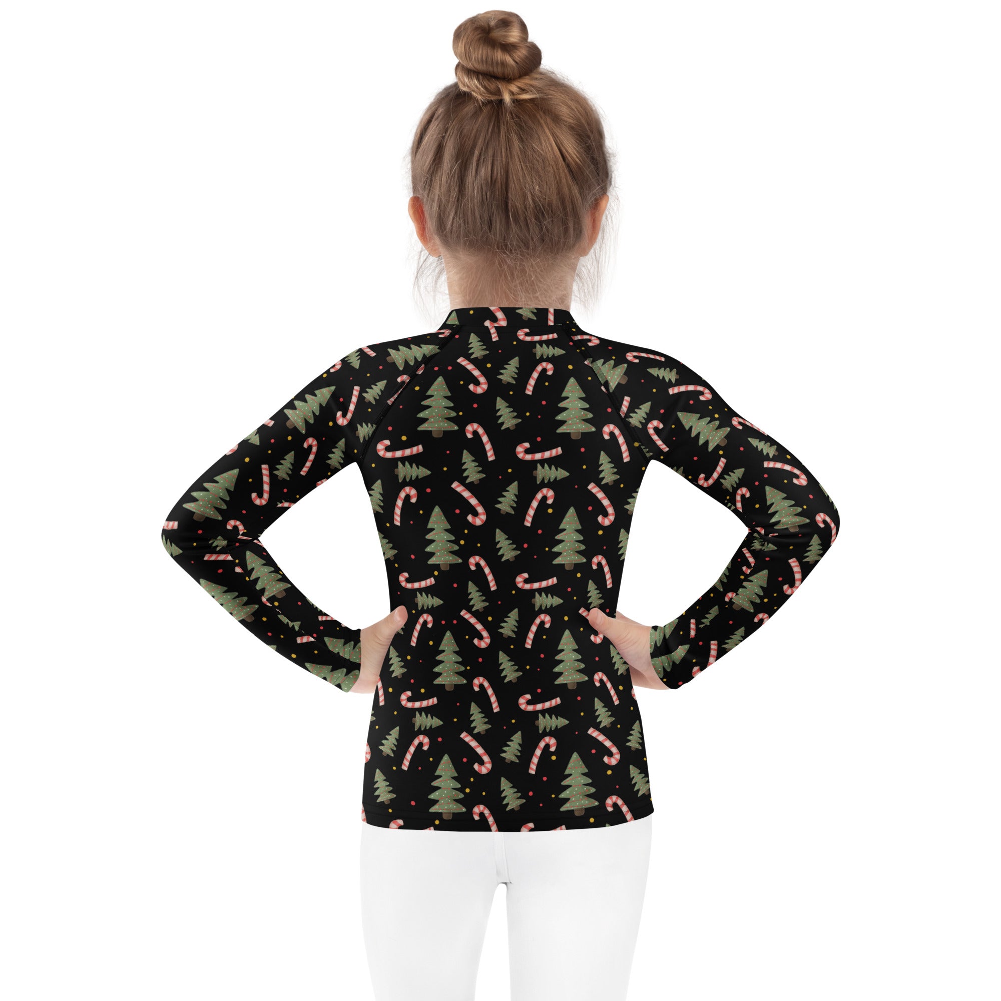 Kids candy cane and christmas tree long sleeve black rash guard swim shirt with festive print and upf 50 plus protection
