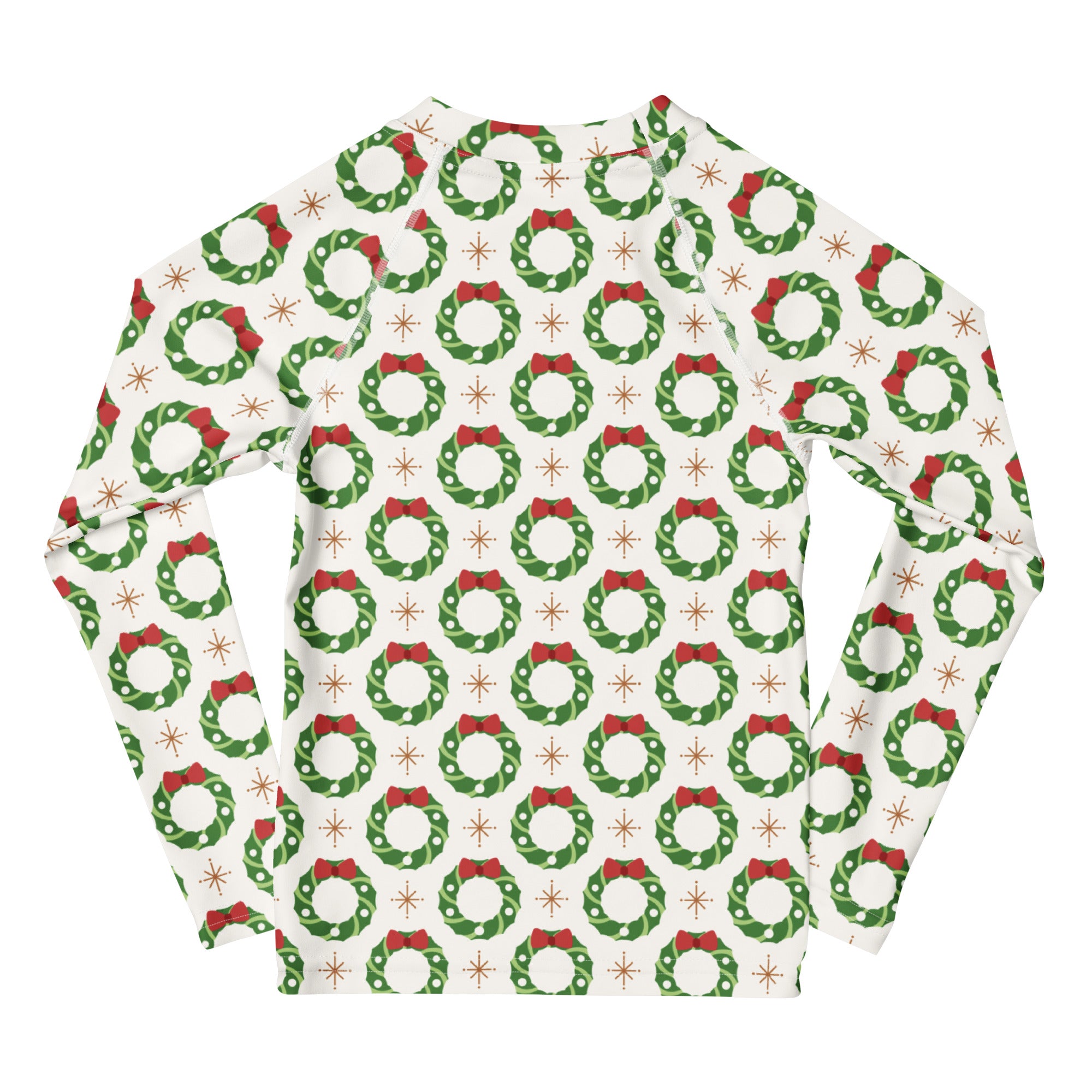 Kids Christmas wreath long sleeve rash guard swim shirt with UPF 50 plus featuring green wreaths red bows on off-white background