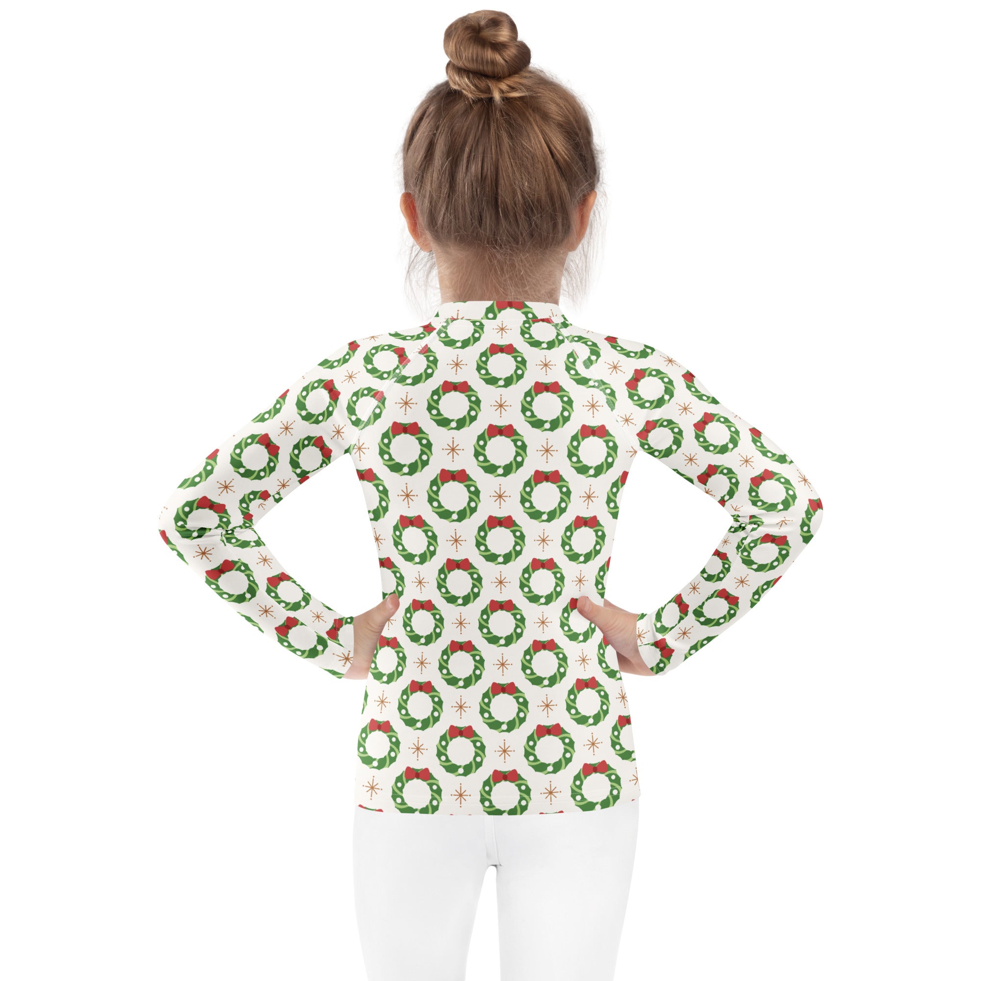 Kids christmas wreath long sleeve rash guard swim shirt with upf 50 plus featuring green wreath pattern on off-white background