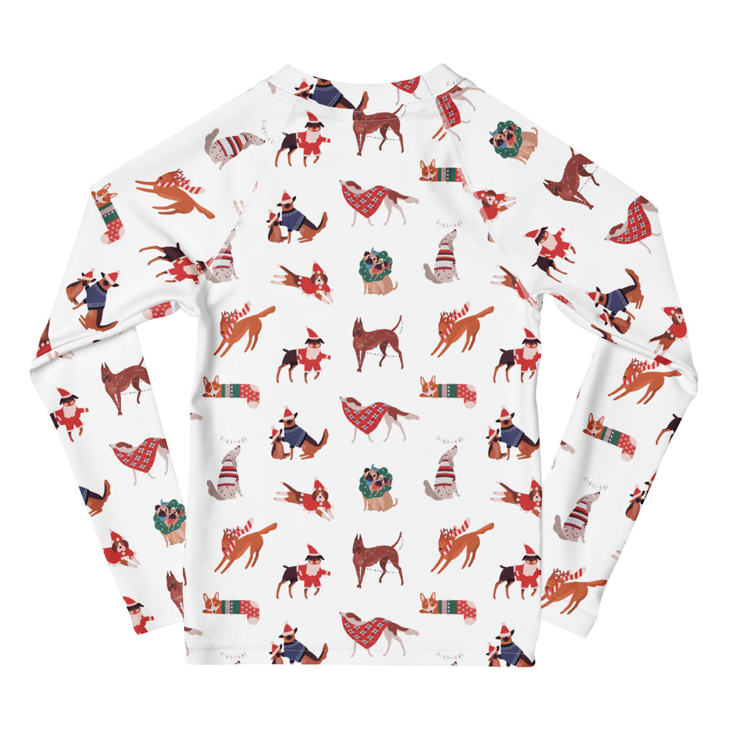 White kids Christmas dogs long sleeve rash guard swim shirt with festive holiday cartoon dogs and UPF 50+ sunscreen