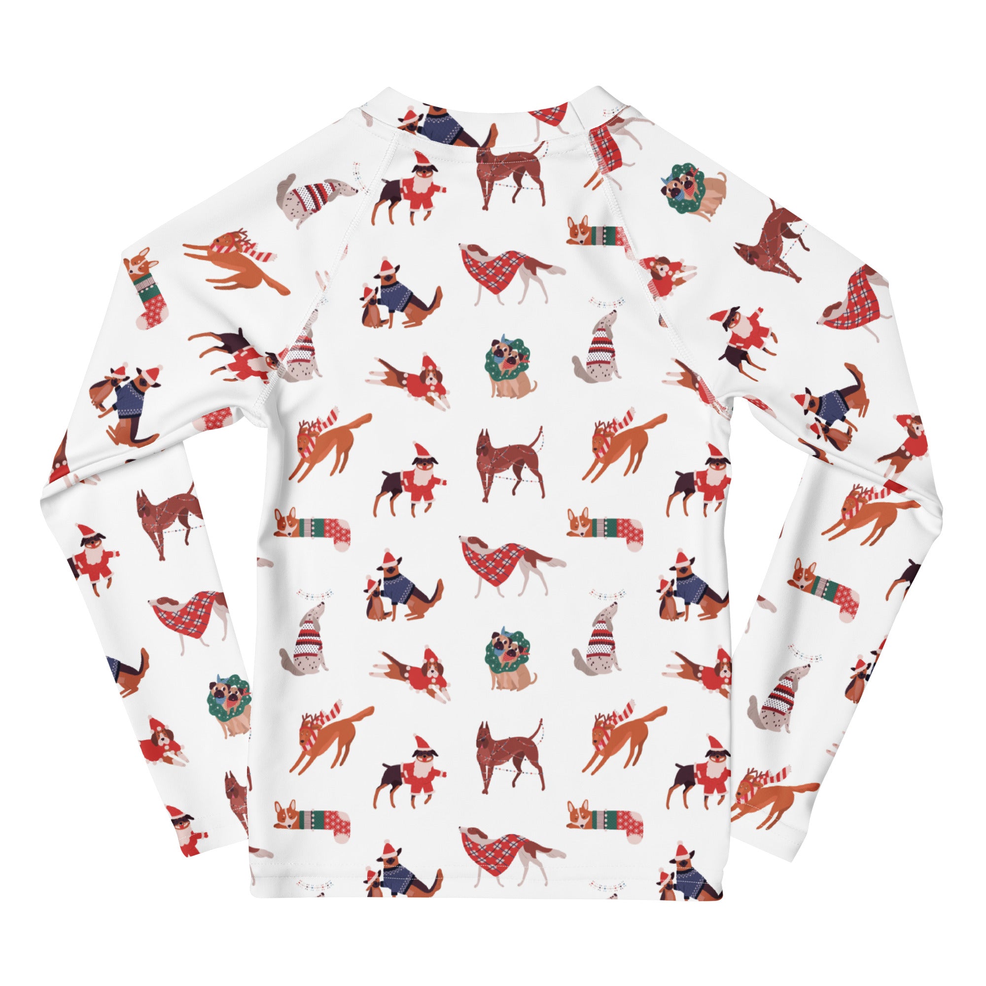White kids Christmas dogs long sleeve rash guard swim shirt with festive holiday cartoon dogs and UPF 50+ sunscreen
