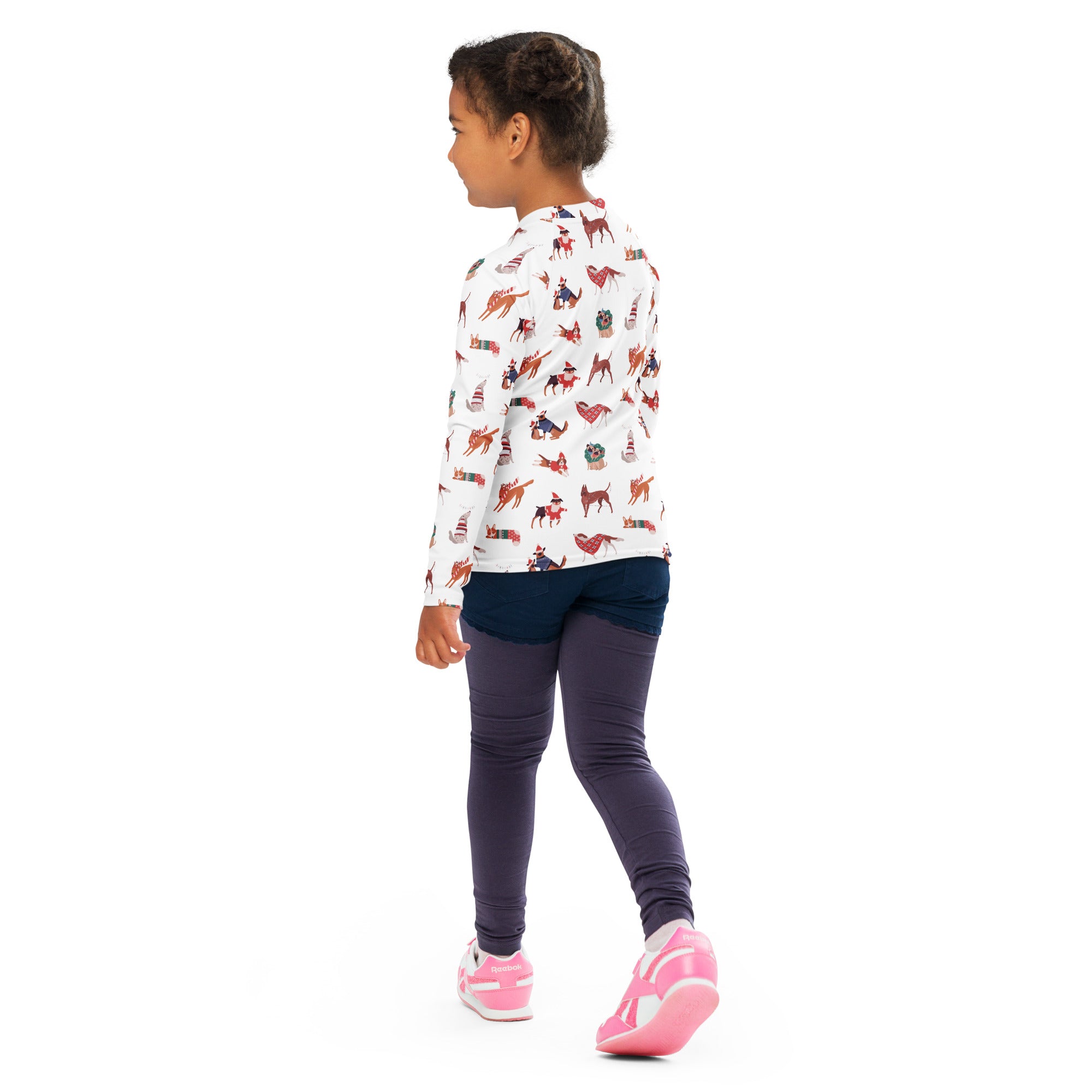 Kids Christmas dogs long sleeve rash guard swim shirt white with red and brown deer cacti holiday pattern upf 50+