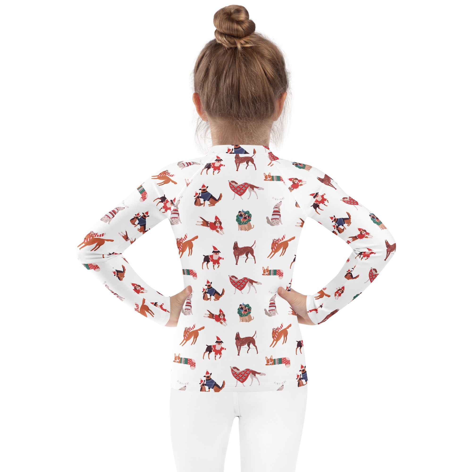 White long-sleeved kids rash guard swim shirt with festive cartoon dogs pattern and upf 50 plus protection