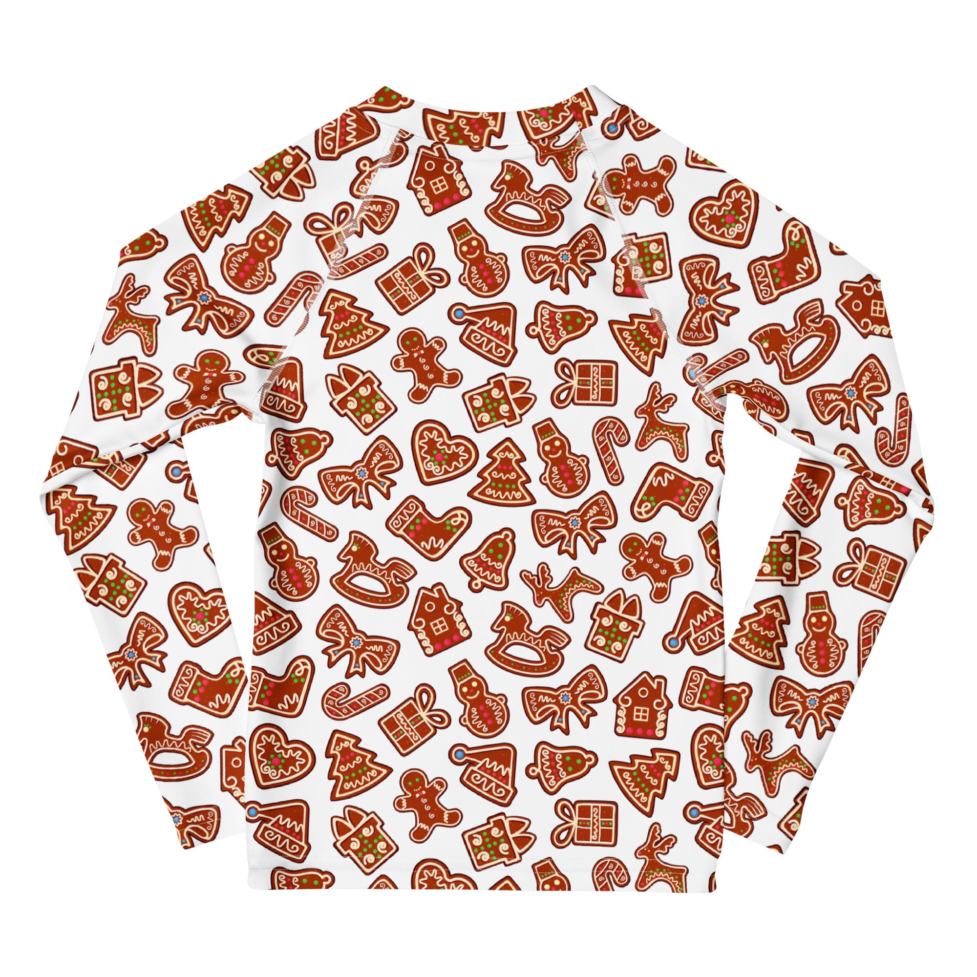 Kids gingerbread cookie long sleeve rash guard swim shirt white with festive brown and red gingerbread pattern upf 50+