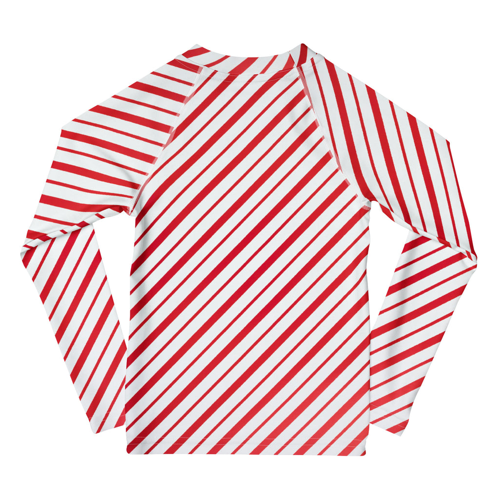 Kids red and white candy cane striped long sleeve rash guard swim shirt with upf 50 plus for sun protection