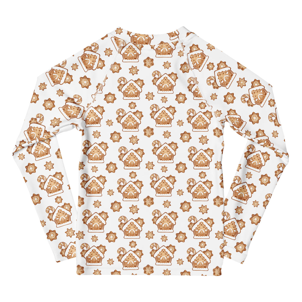 White long-sleeved rash guard with brown gingerbread house and candy cane pattern for kids with UPF 50+ protection