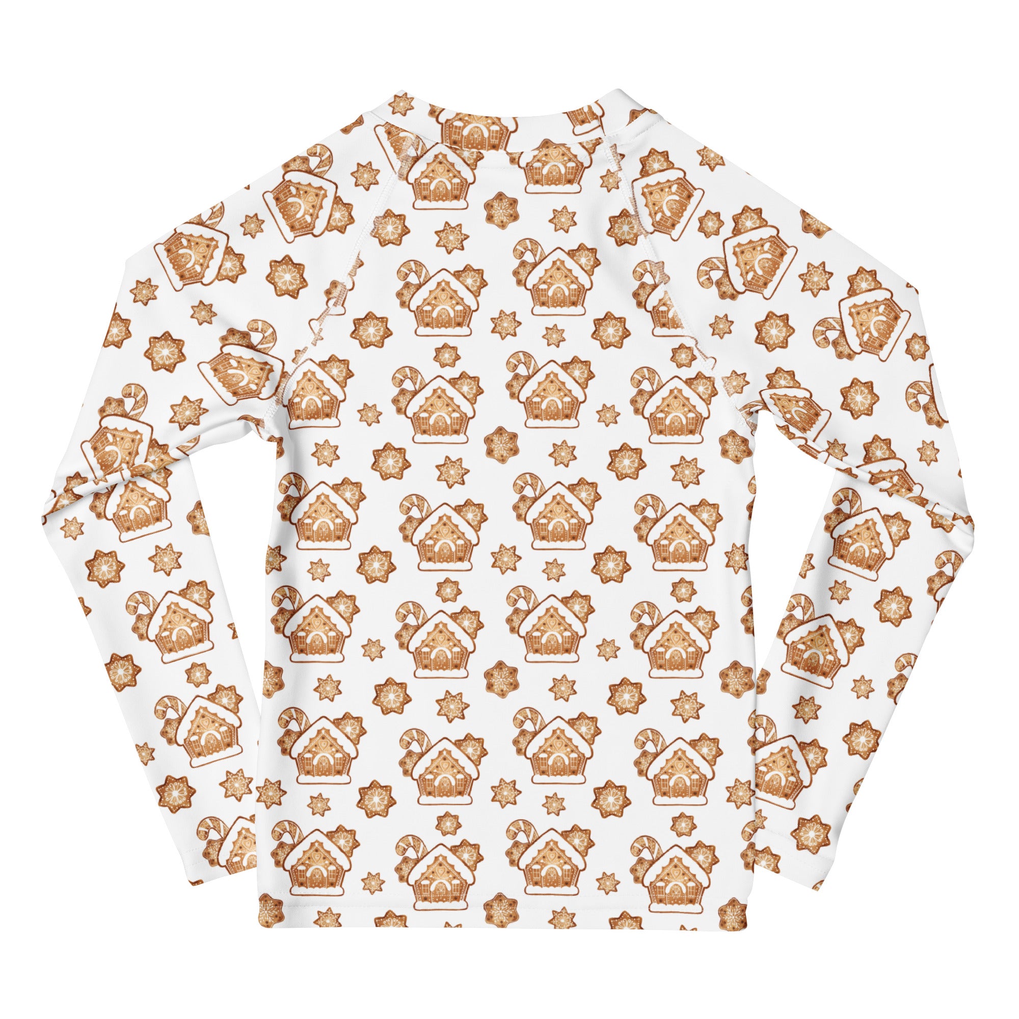 White long-sleeved rash guard with brown gingerbread house and candy cane pattern for kids with UPF 50+ protection