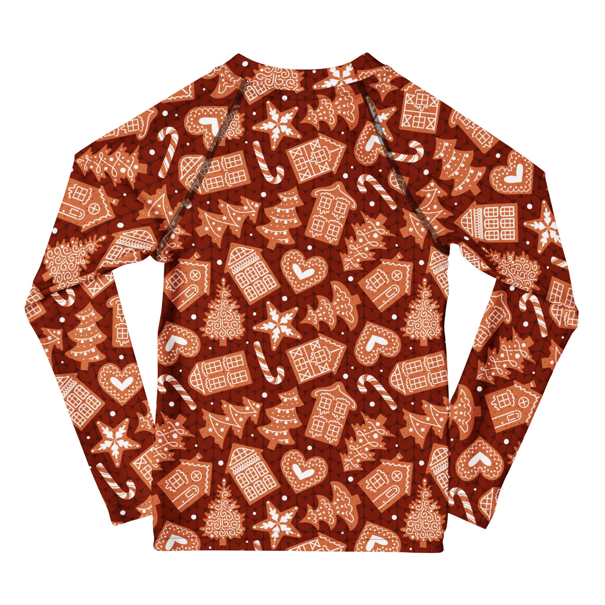 Kids red gingerbread Christmas long sleeve rash guard swim shirt with UPF 50 plus featuring festive beige and white patterns
