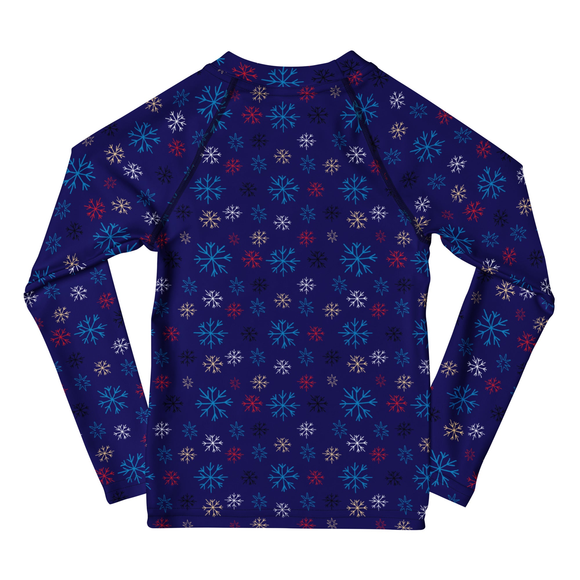 Kids navy blue long sleeve rash guard swim shirt with vibrant teal red and white snowflake pattern and UPF 50 plus protection