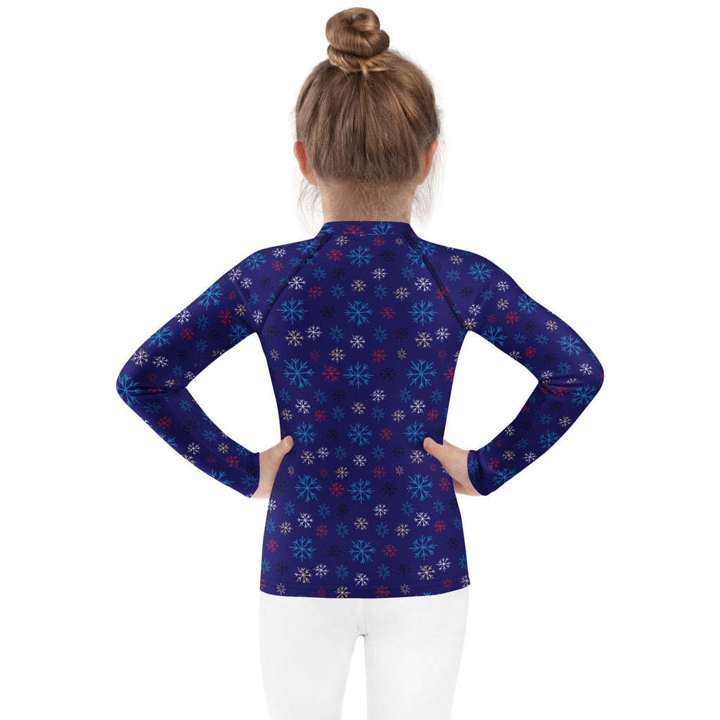 Kids navy long sleeve rash guard swim shirt with multicolored snowflake pattern and UPF 50 plus sun protection