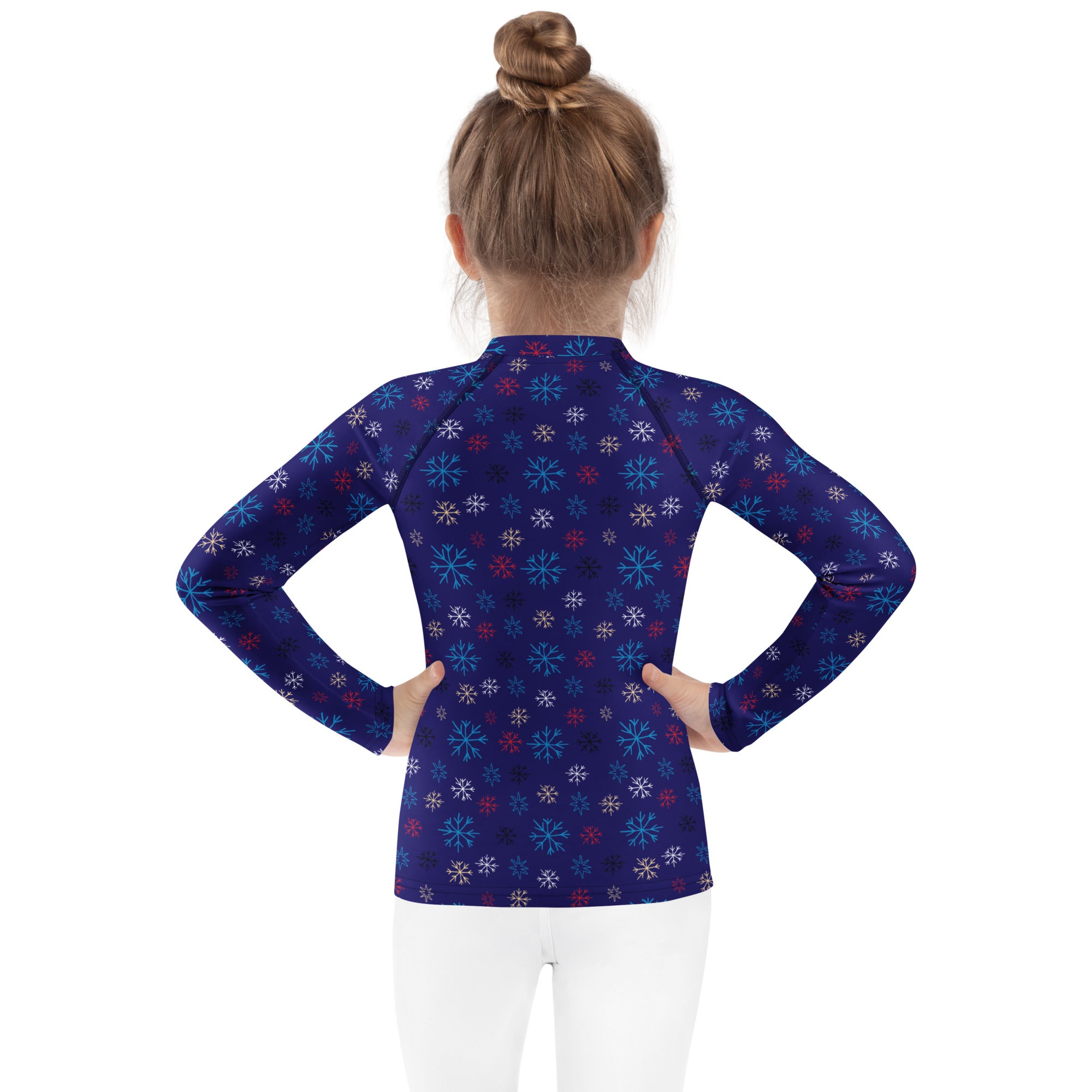 Kids navy long sleeve rash guard swim shirt with multicolored snowflake pattern and UPF 50 plus sun protection